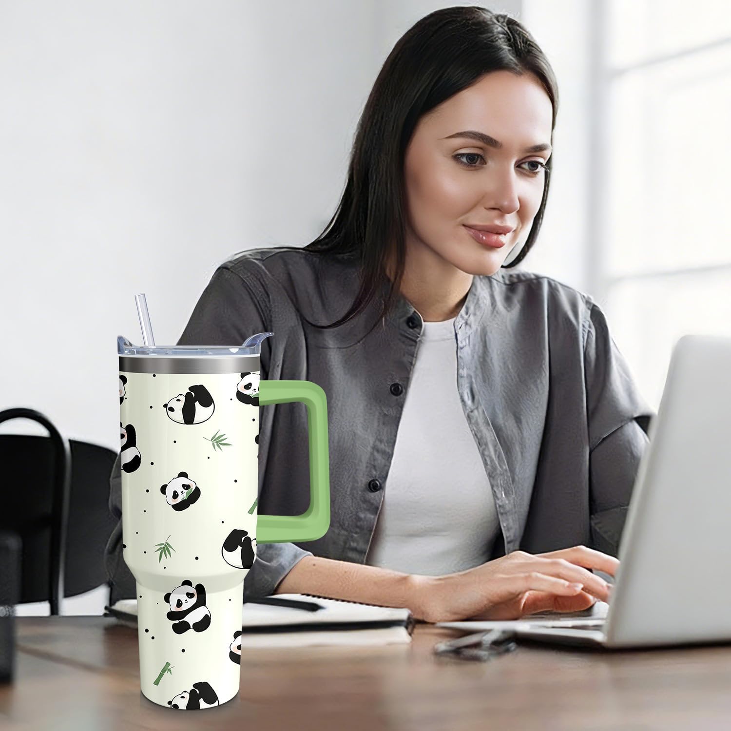 Panda Tumbler with Handle and Straw, 40oz Travel Coffee Mug Water Bottle with Lid, Stainless Steel Insulated Cup, Birthday Gifts for Women Animal Lovers
