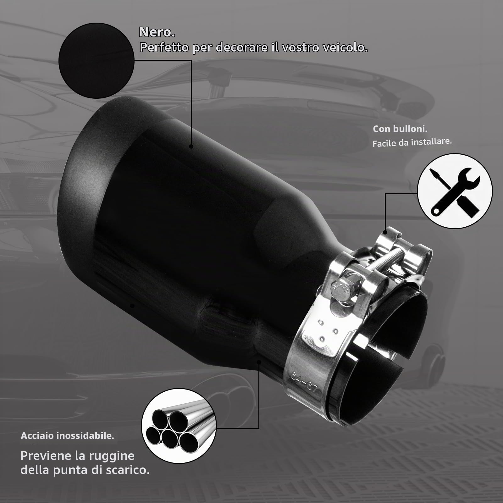 Terminale di Scarico Auto 2.5" - Ingresso 2.5" Lunghezza 6.5" Doppio Strato Acciaio Inox Terminale Silenziatore Universale per Tubi di Scarico 2.5" Installazione a Bulloni (Nero Dritto)