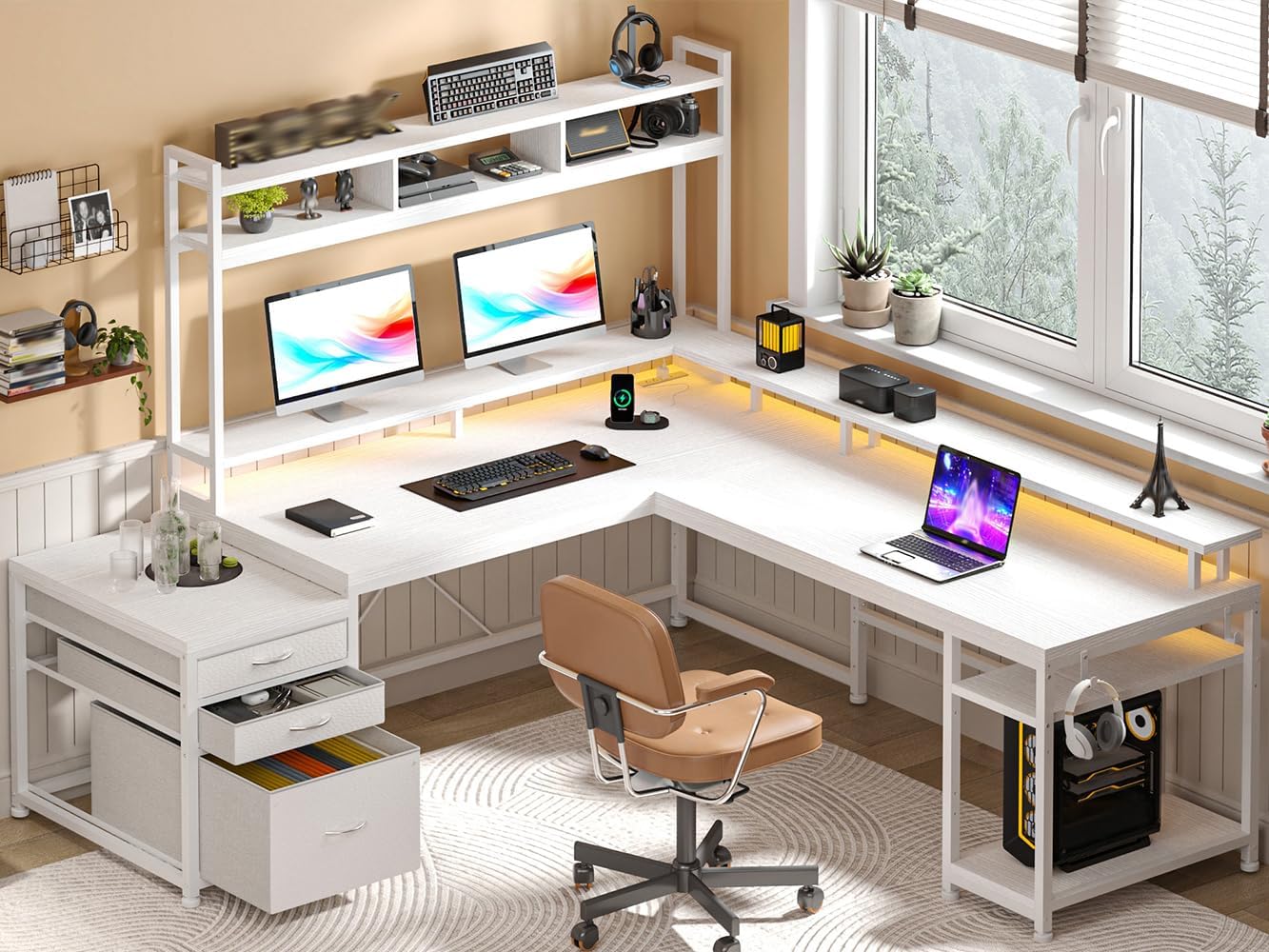 EnHomee 64 x 60 Inch L Shaped Desk with Shelf and Drawers, Gaming Desk with Power Outlet & Monitor Stand & LED Lights, Reversible White Vanity Desk, Two Person Desk for Living, Gaming Room, White