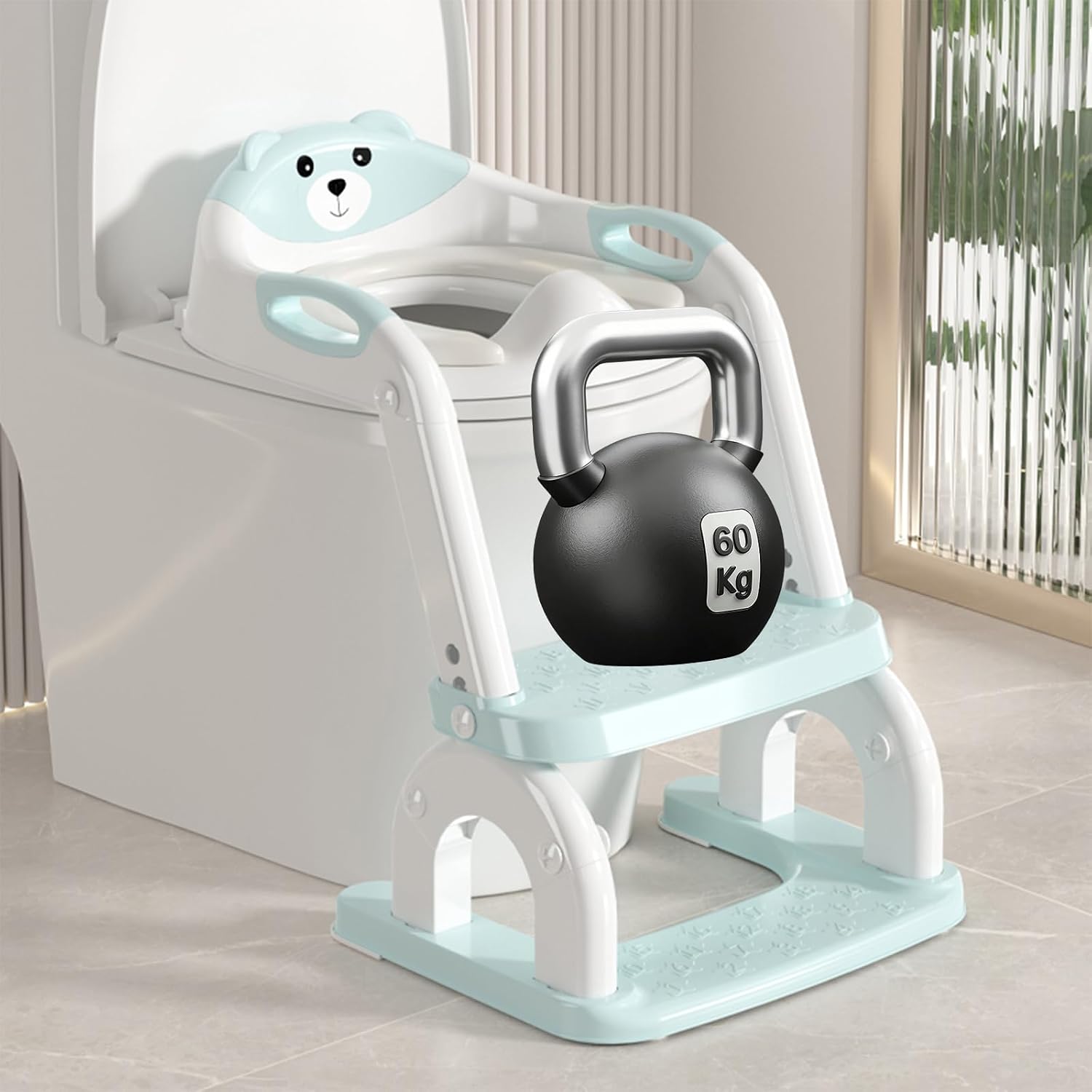 Potty Training Seat, Toddler Toilet Seat for Kids Boys Girls with Ladder, 2-in-1 Adjustable and Foldable, Padded Cushion, Stable Triangular Anti-Slip Design, Adaptable to V/U/O Toilets (Blue)