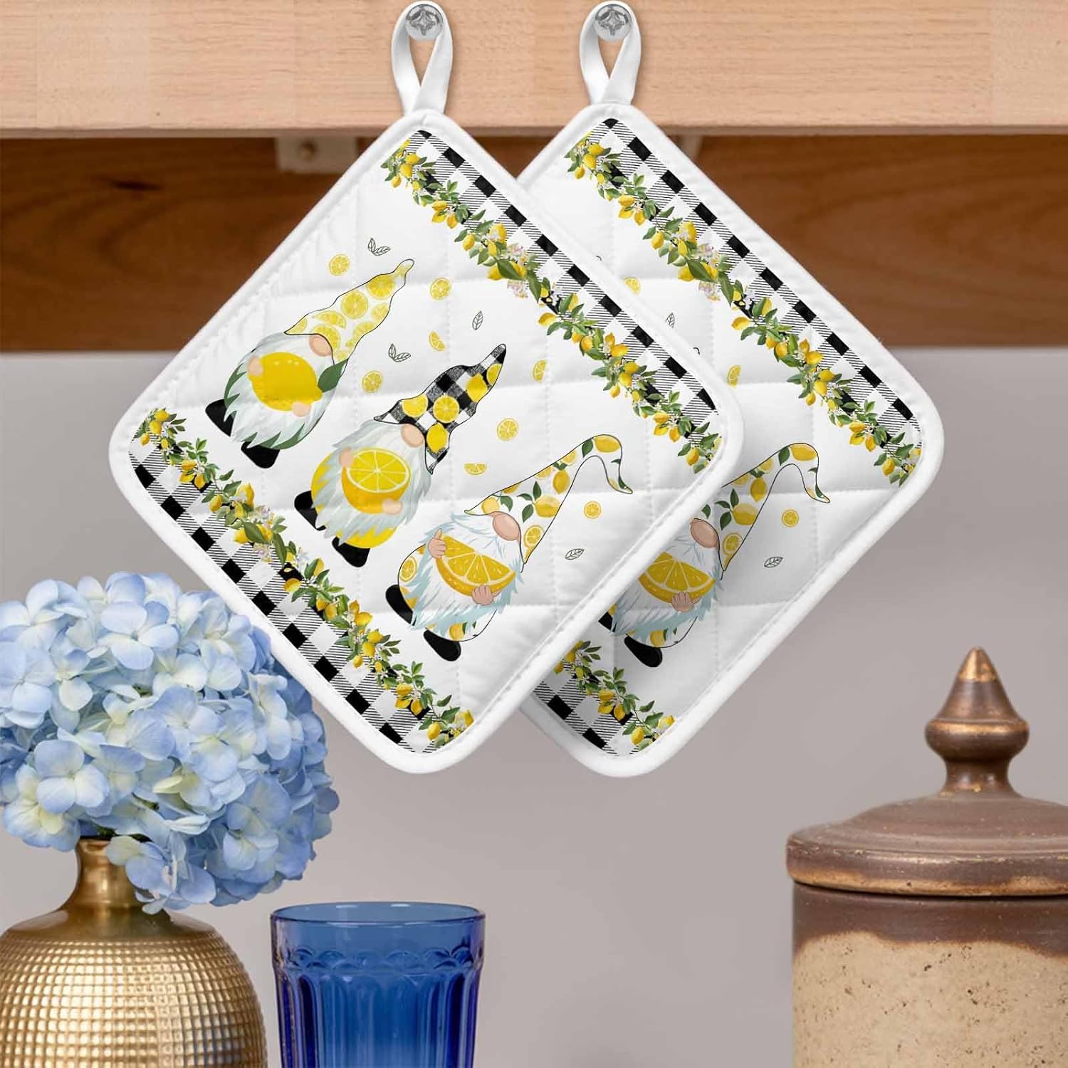 5 Pack Pot Holders for Kitchen, Lemon Gnomes Hot Pads for Kitchen Countertops Oven Pot Holder Bulk, Farmhouse Botanical Fruits Black Plaid Heat Insulation Potholders with Hanging Loops