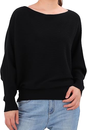 Oweisong Women Boat Neck Batwing Sweaters Loose Pullover Tops Long Sleeve Lightweight Ribbon Knits Clothing for Fall Winter