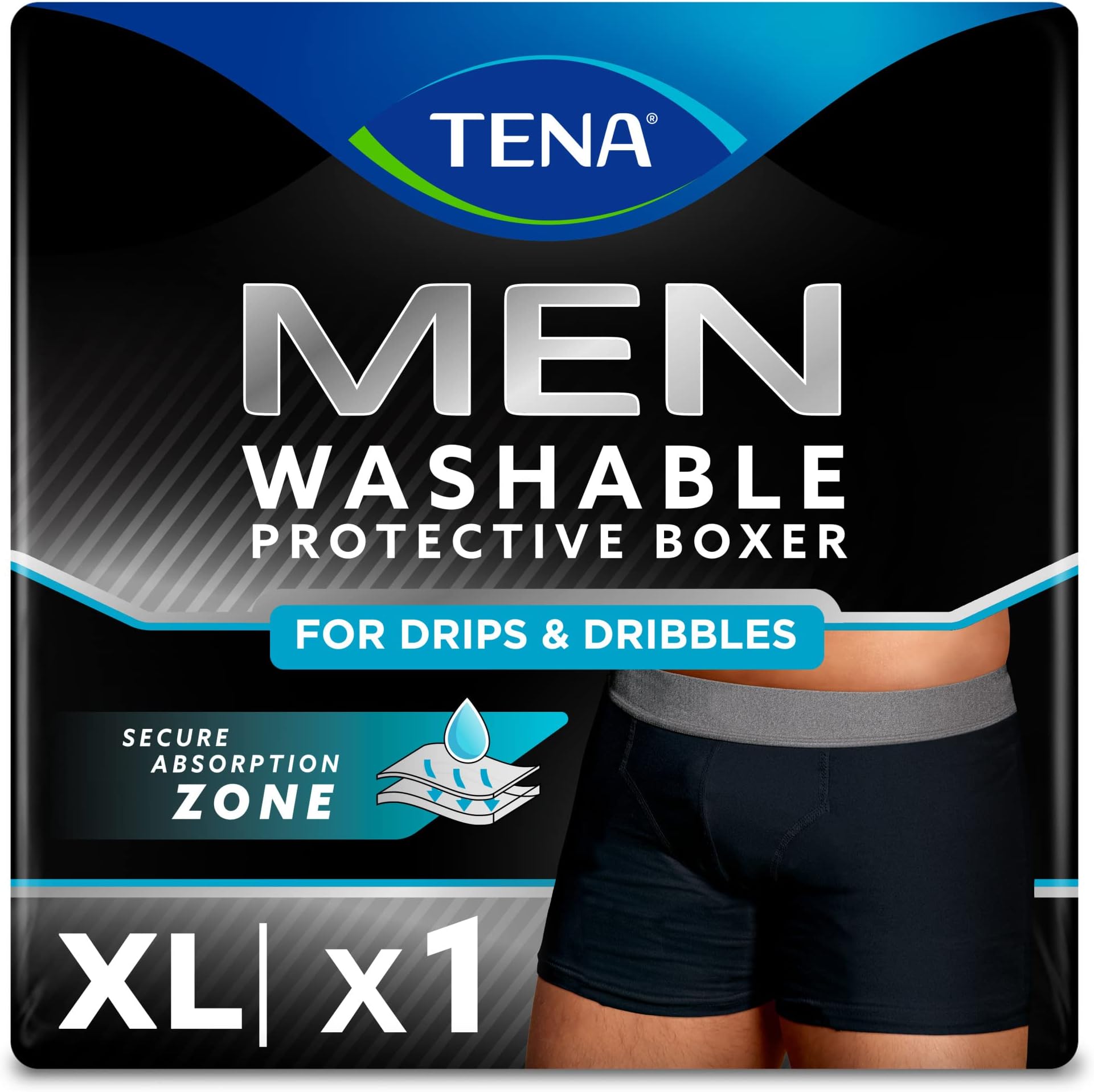 TENA Men - Washable Protective Pants - Soft, Comfy and Secure Boxers for Drips and Dribbles - Invisible Protection, Classic Cut - Light Absorption - Pack of 1 - Black - Size XL