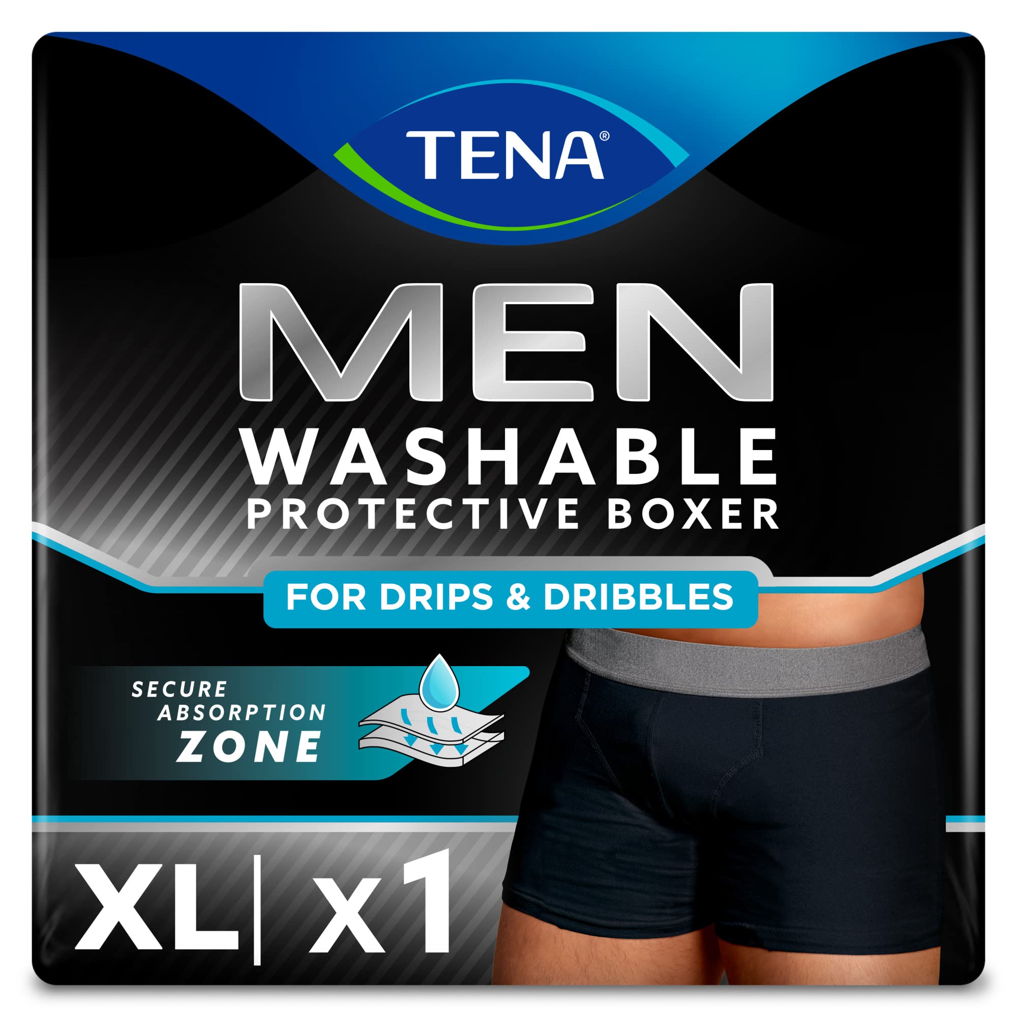 TENA Men - Washable Protective Pants - Soft, Comfy and Secure Boxers for Drips and Dribbles - Invisible Protection, Classic Cut - Light Absorption - Pack of 1 - Black - Size XL