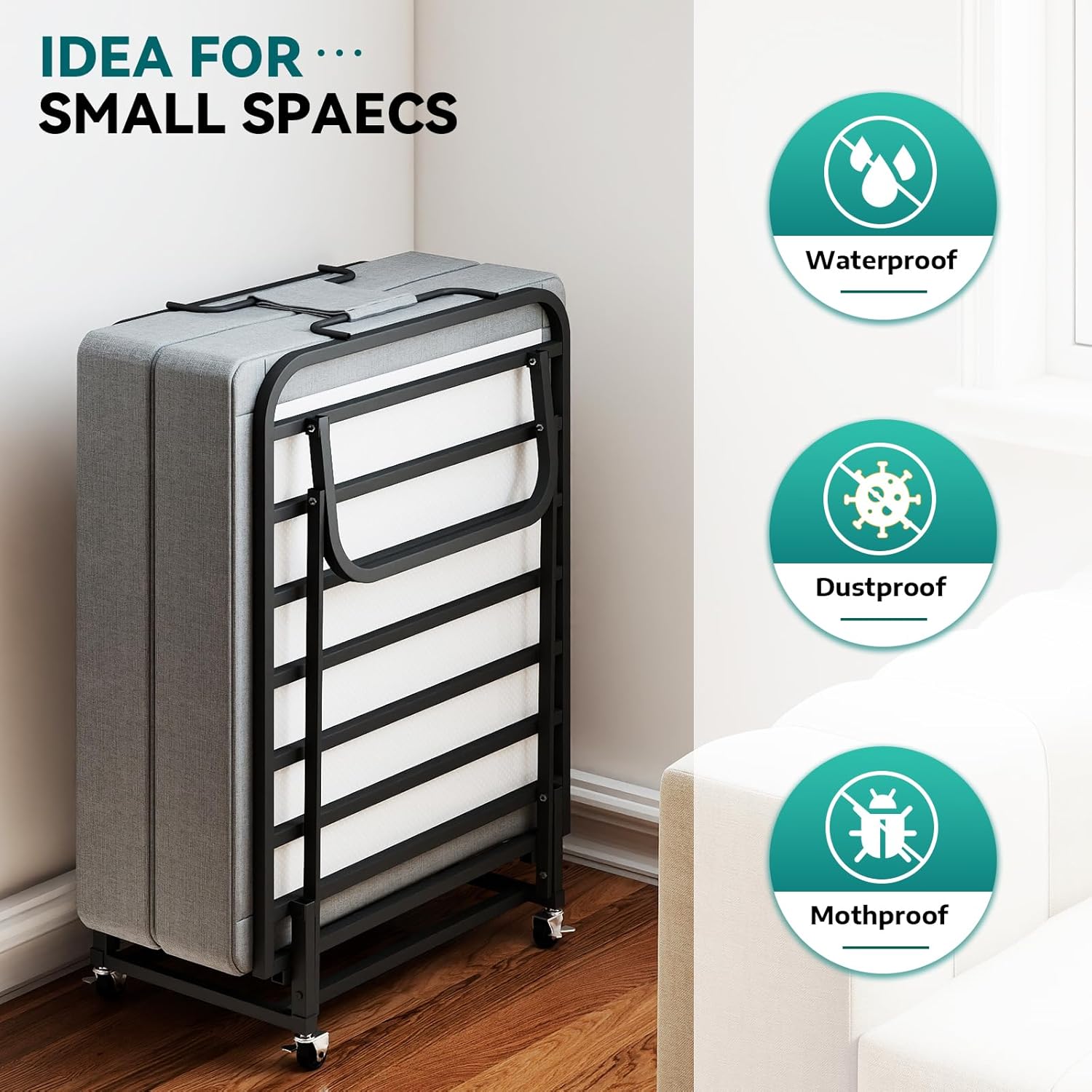 Folding Bed with Mattress, Portable Foldable Bed for Adults, Roll Away Bed Guest Bed on Wheels, Memory Foam Mattress and Metal Frame, Space Saving Fold Up Bed for Easy Storage, 75" x 31" | Durability, Portable