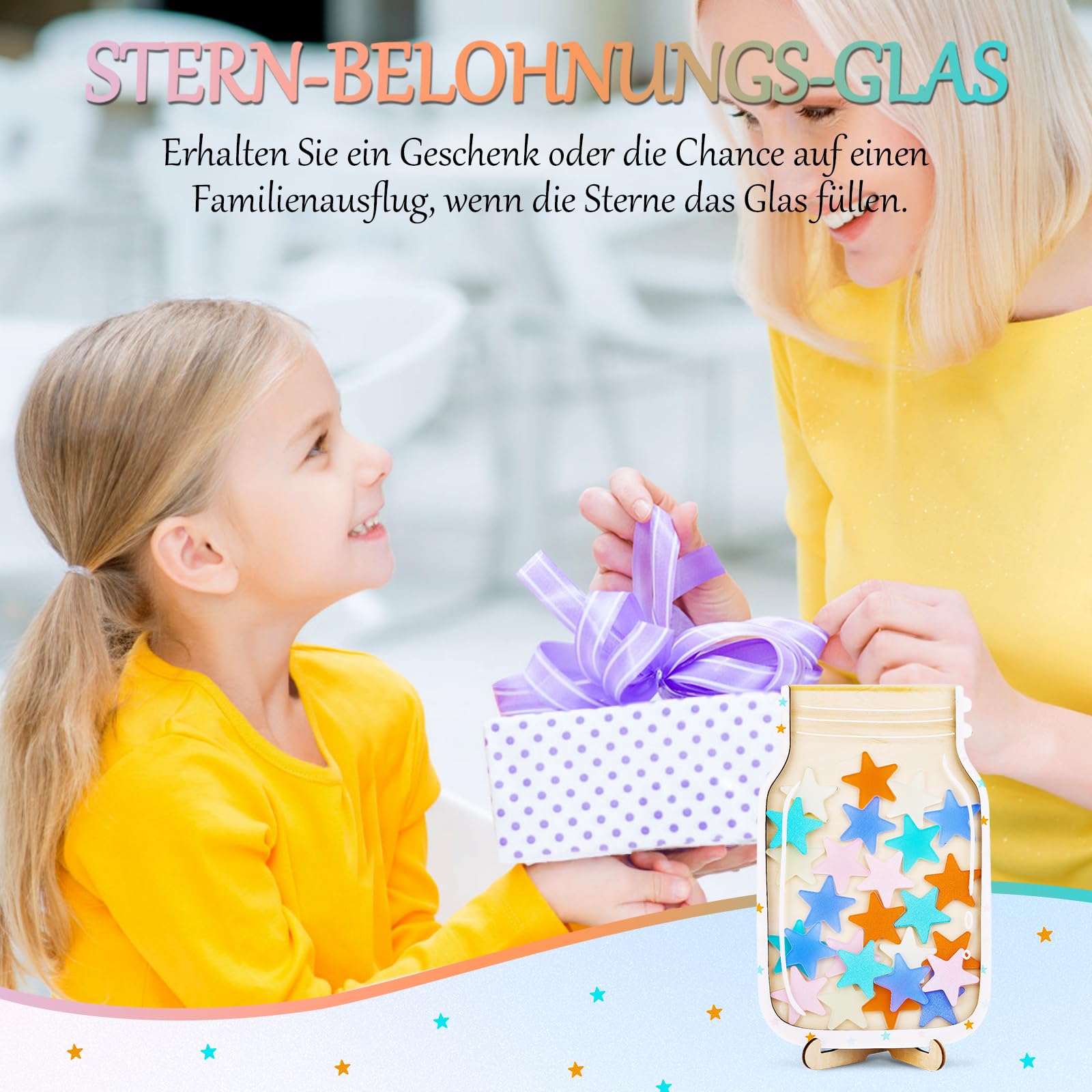Belohnungsglas Für Kinder | 28 Sterne | Mit Holzhalter | Für Zuhause & Klassenzimmer
