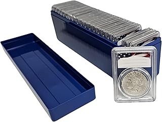 20-Pack Premium Acrylic Coin Slab Holder and Blue Plastic Storage Box with 38mm Translucent Sizing Ring for Morgan, Peace, IKE Silver Dollar Coin
