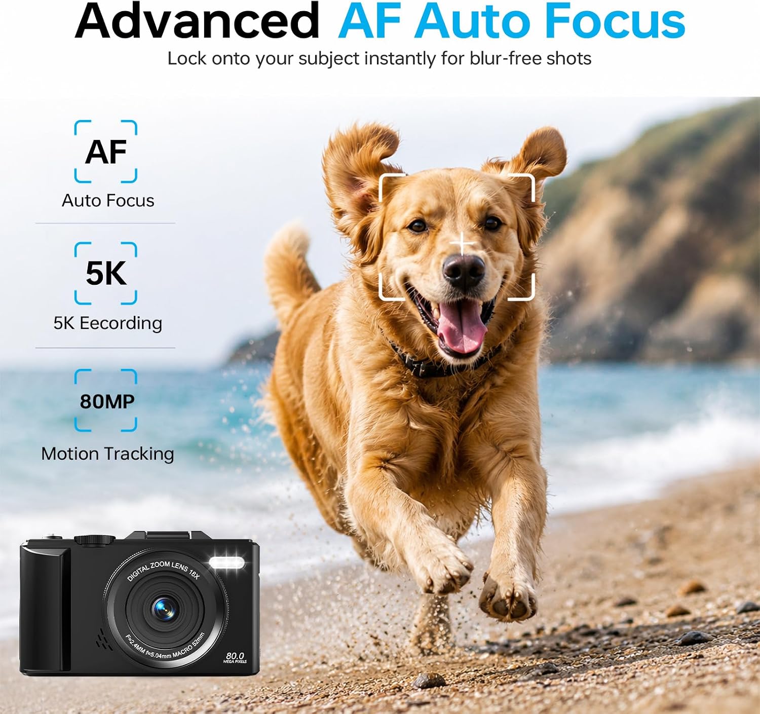 Advanced AF Auto Focus system of the DIGIERA DGW100BL camera, showing a dog in motion