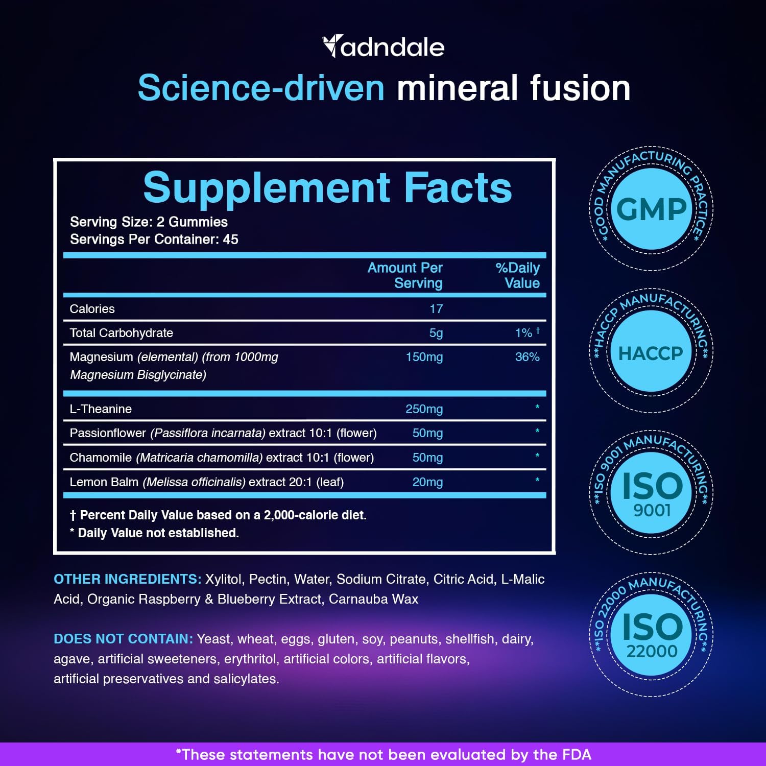 Adndale 90CT Magnesium Glycinate Gummies. Sugar Free Chews for Adults & Kids. Raspberry Flavour - Image 2