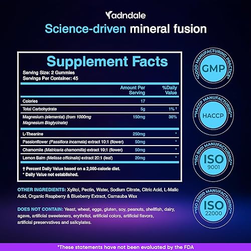 Miniatura 3 de Adndale Gomitas de glicinato de magnesio puro. Complejo de magnesio con L-teanina, pasiflora y manzanilla, 90 unidades masticables sin azúcar