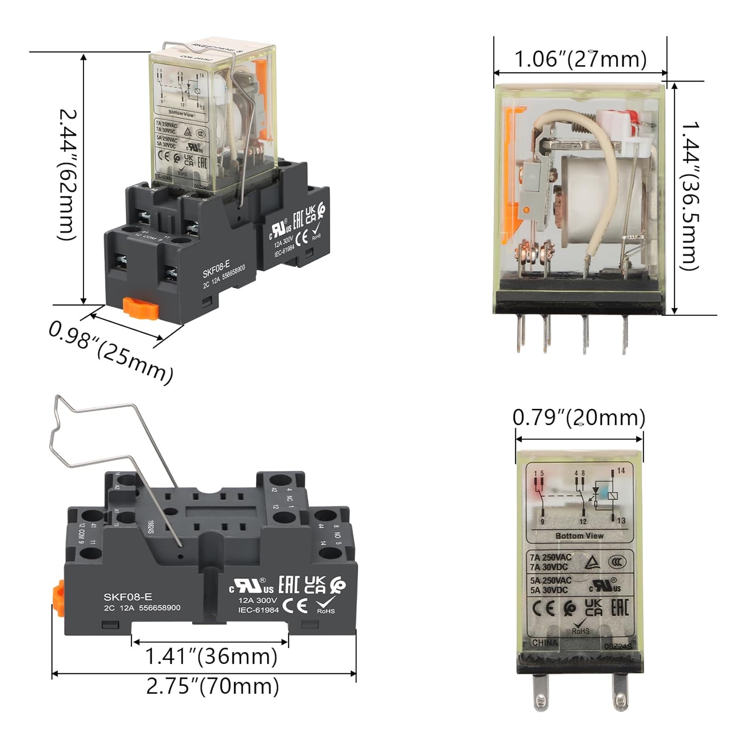 Power Relay RKE2CO524LS IP62 Protection, AC 24V Coil, 8 Pin 7A, DPDT 2NO 2NC, with Socket Base, UL Certification (AC 24V, 1)