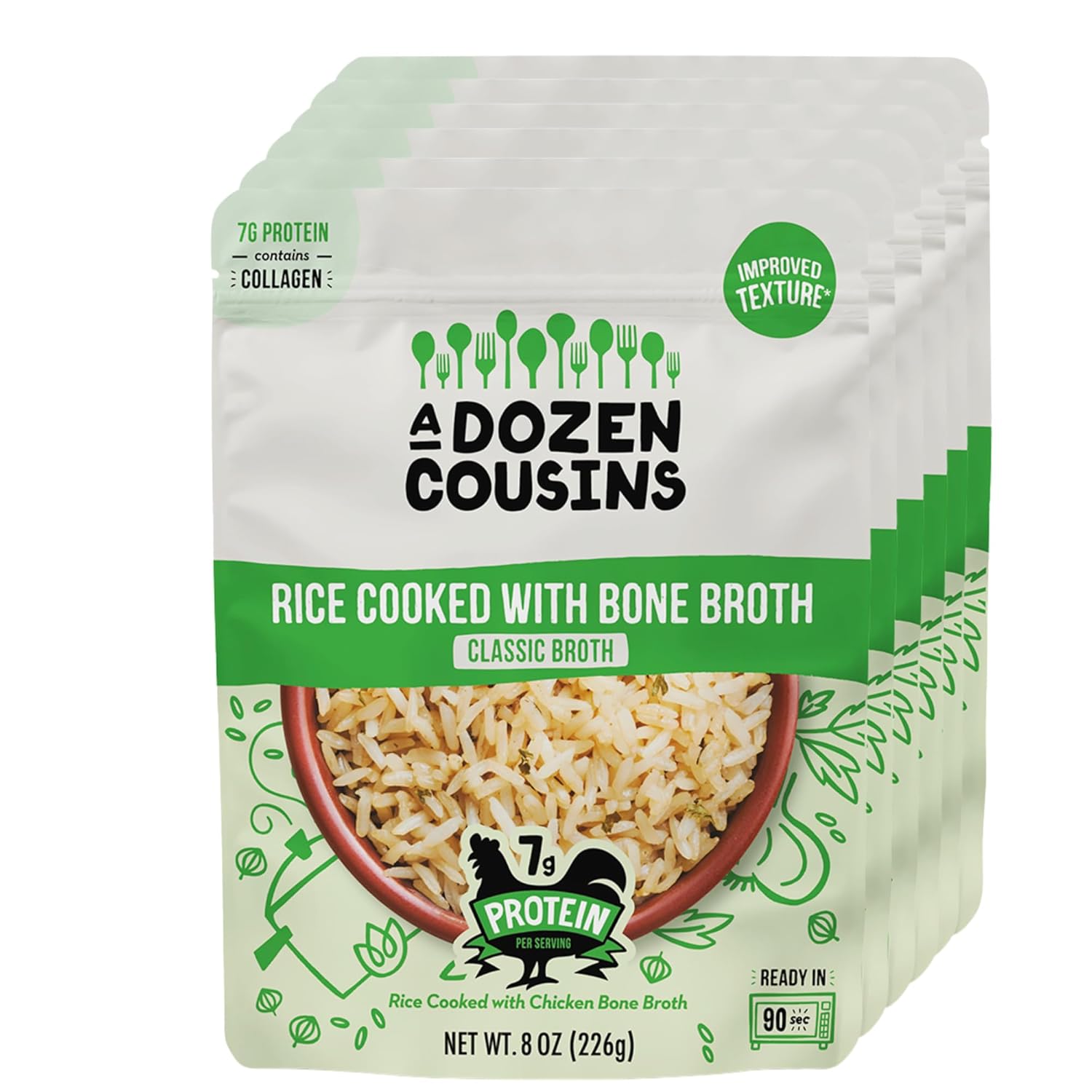 A Dozen Cousins Classic Bone Broth Rice 6pk, Ready to Eat Seasoned High Protein Rice, Clean Ingredients, Easy Side Dish or Meal Base, Heat & Serve, Halal, Chicken Bone Broth, Gluten Free, 8oz Packets