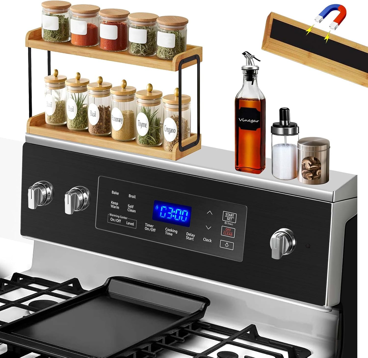 30" Magnetic Stove Top Shelf,Over Stove Shelf,Wooden Over Oven Shelf,Heat-Resistant Stove Shelf for Back of Stove, Space-Saving Kitchen Storage(Wood Color, 2 Layer 2 pcs)