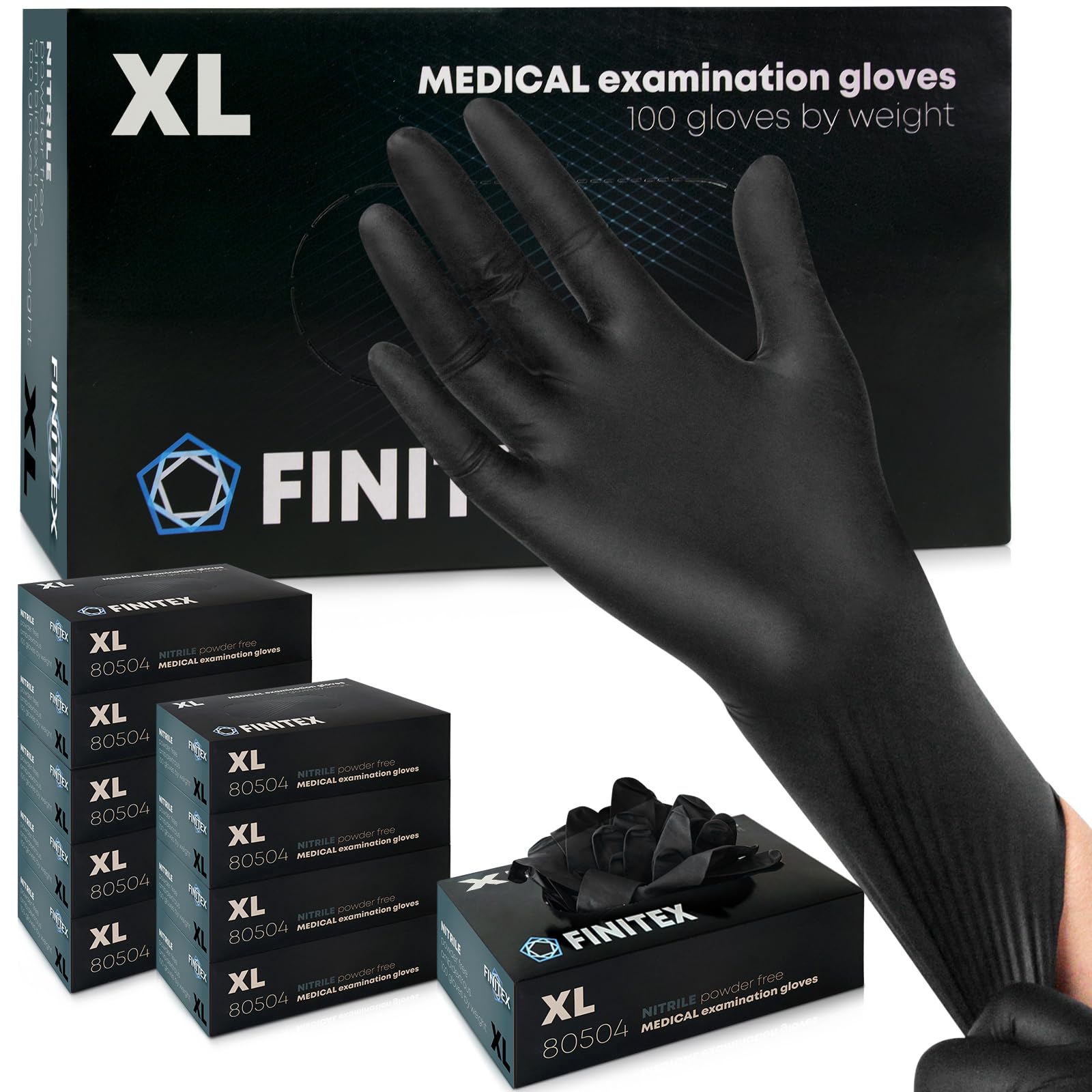 FINITEX Schwarz Einweghandschuhe 1000Stk, XL Einmal Handschuhe Nitril Einweg Puderfrei Latexfrei Lebensmittelqualität Reinigung Medizinische Untersuchung, 5mil