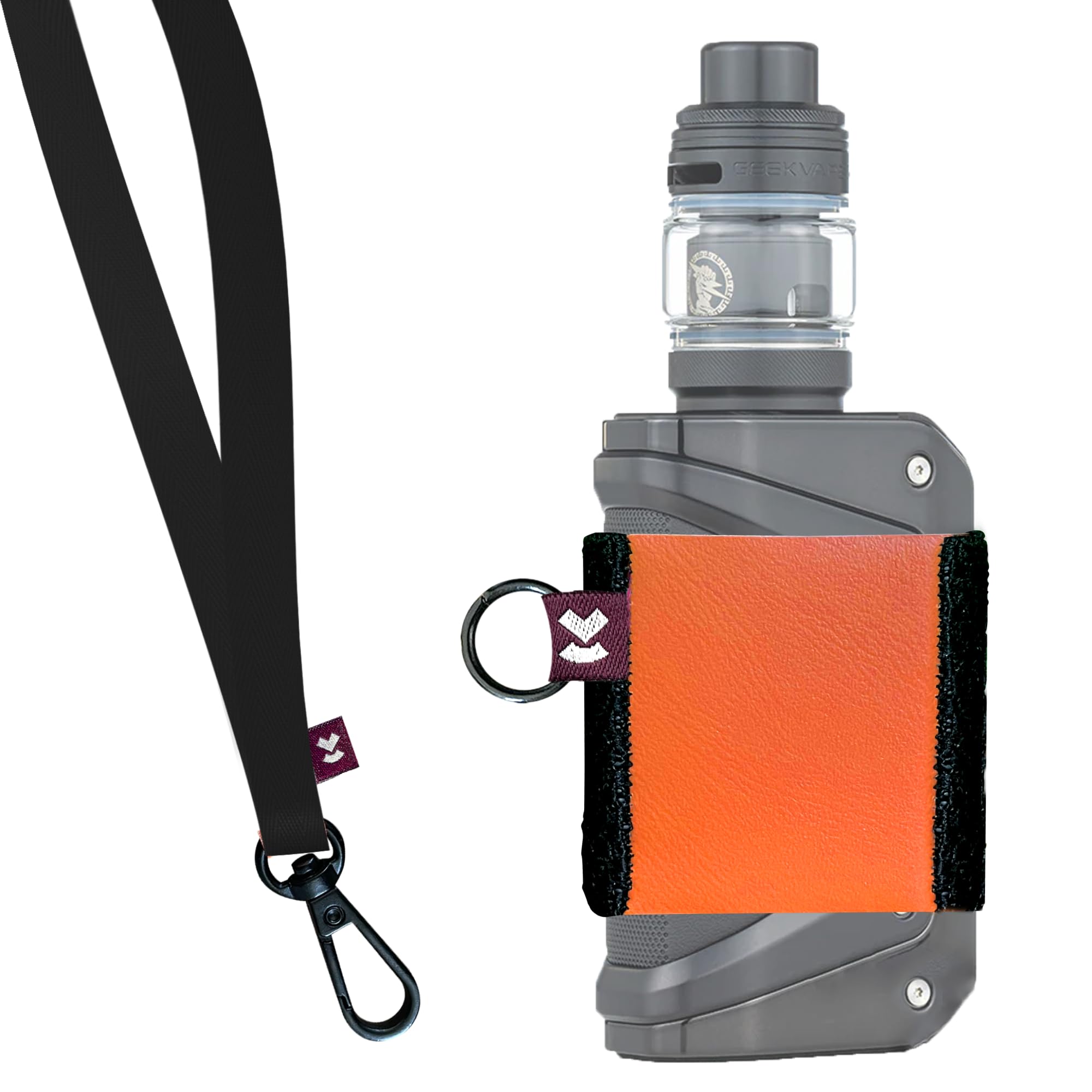 Leather Vape Holder, Comfortable Design for E Cigarette, Perfect Fit, High-Strength Elastic (Orange Holder/Black Lanyard XL)