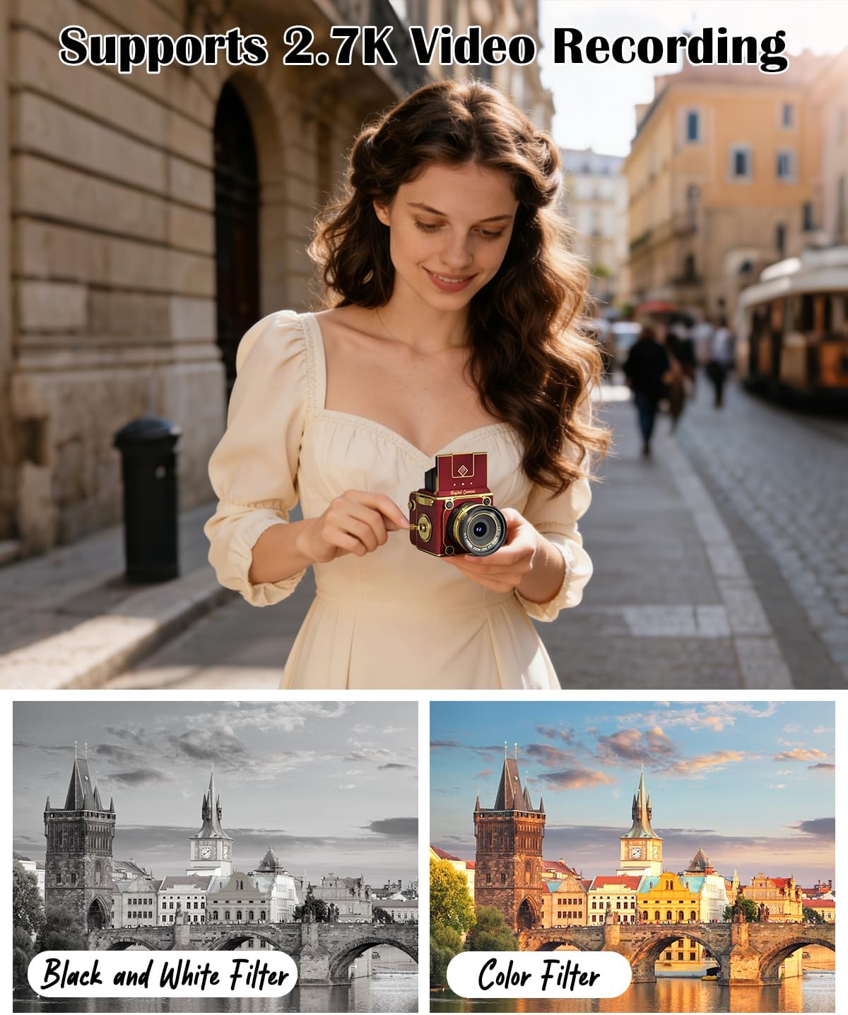 Vintage Digital Camera, 64MP 2.7K Retro Point and Shoot Camera with Autofocus, 2" IPS Waist-Level Screen & 16GB TF Card, 16X Zoom Compact Photography Camera for Beginners Kids Teens, Butterfly Door - 5