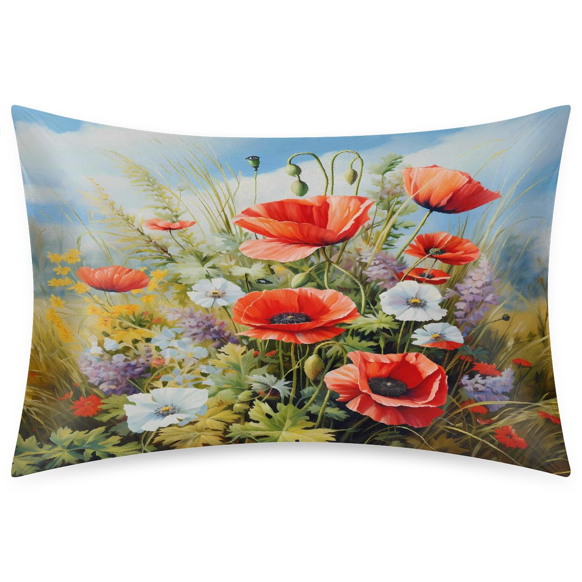 Satin Pillowcase for Hair and Skin, Silky Poppy Herbs Spring Meadow Art Painting Pillow Sham with Envelope Closure Decorative Pillow Cover for Bedroom Hotel, 20x30In