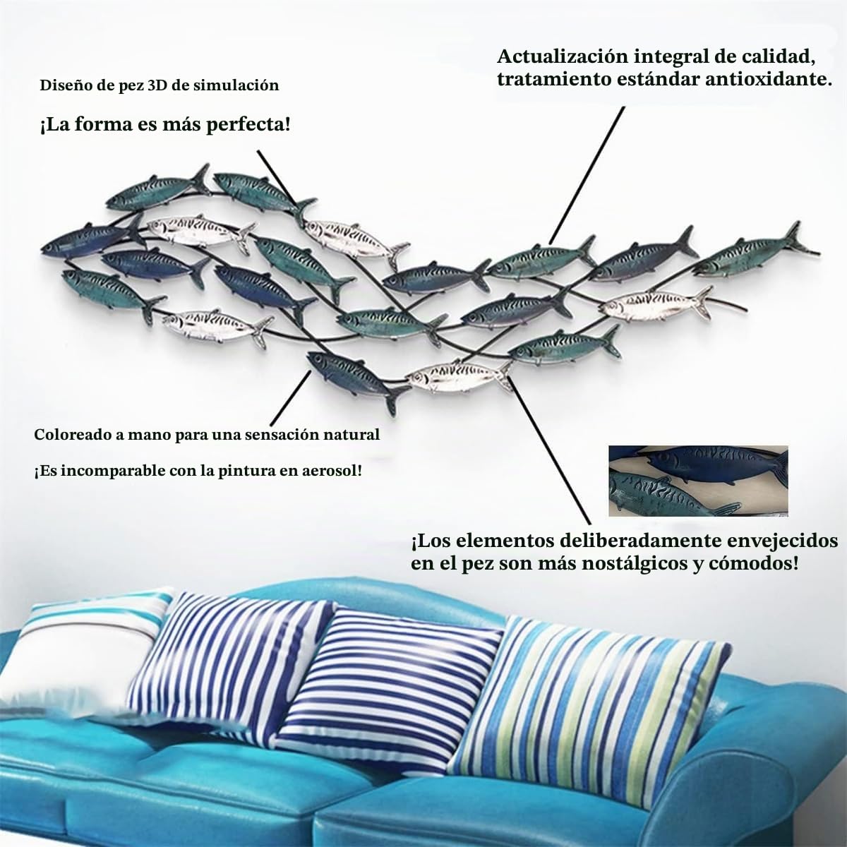 rcqeuiol Decoración de pared de peces de metal, arte de pared de peces en 3D, gran tema costero, escultura de pared de metal, decoración marina, para sala de estar, dormitorio, 59 x 16.5 pulgadas