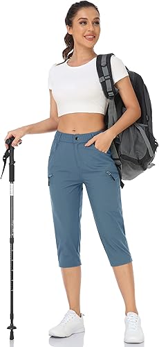 Miniatura 5 de Pantalones de senderismo para mujer, ligeros, para exteriores, estilo capri para atletismo, casual, con UPF 50, bolsillos con cremallera de secado