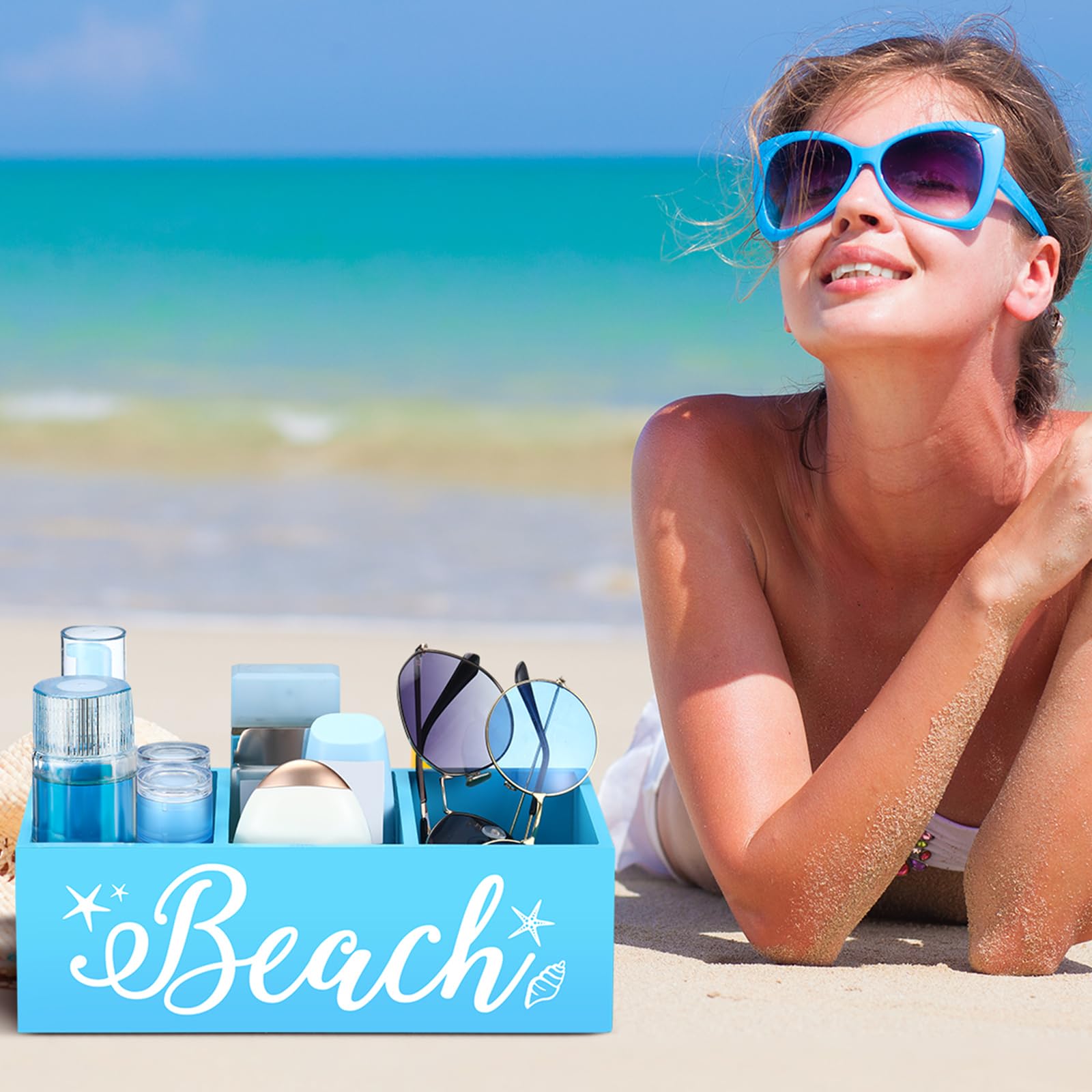 CroBlissful Strand-Aufbewahrungskorb, blaue Sommer-Holzkiste mit drei Fächern, Toilettentank-Tablett für drinnen und draußen, Schwimmbad, Dekoration, Sonnenschutz, Sonnenbrille, Pool, Spielzeug