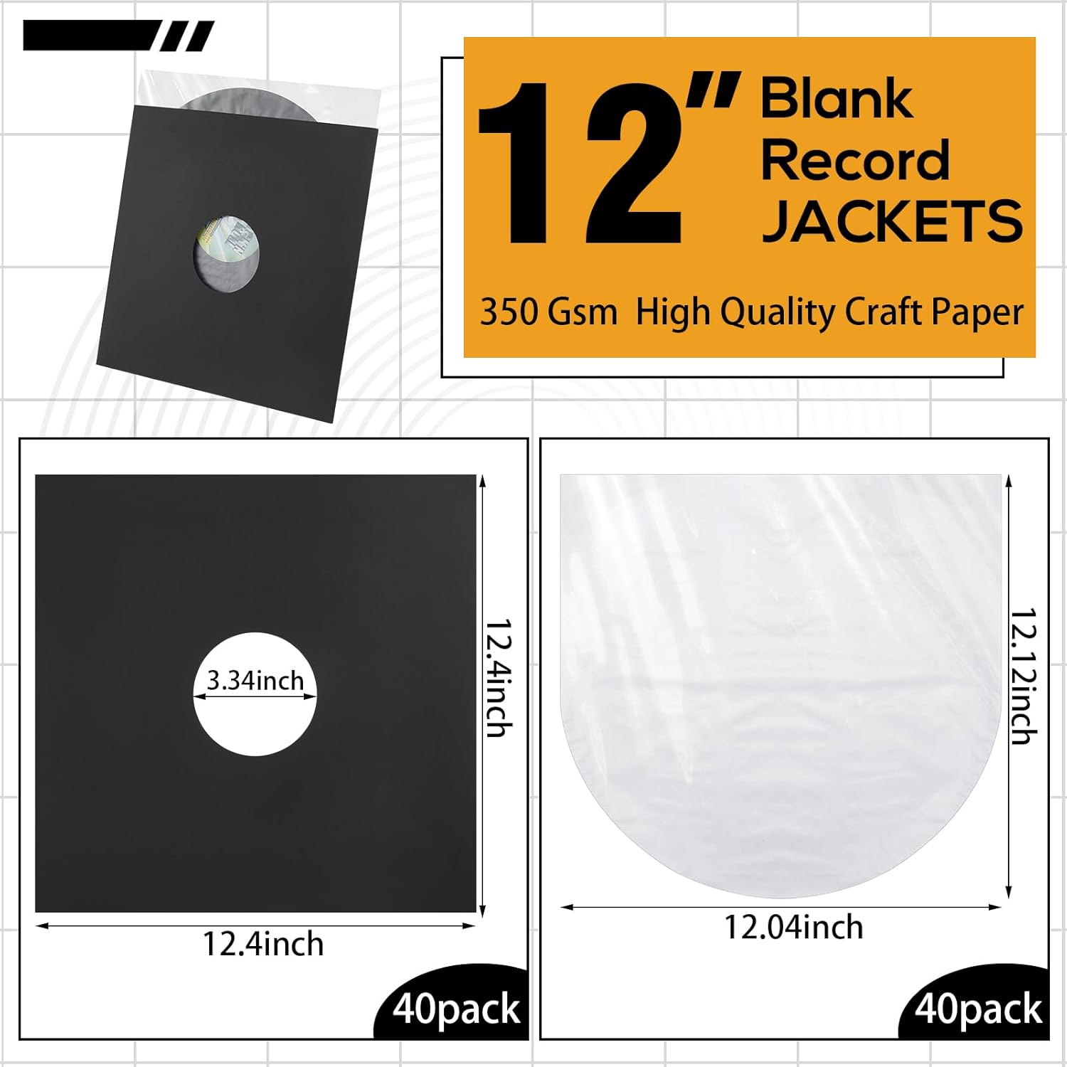 Henoyso 80 Piece 12 Inch Vinyl Record Sleeves Include 40 Pcs Album Covers (350gsm) Record Jackets 40 Pcs Inner Kraft Paper Sleeves for Album Vinyl Records Collections Storage Decorations(Black)