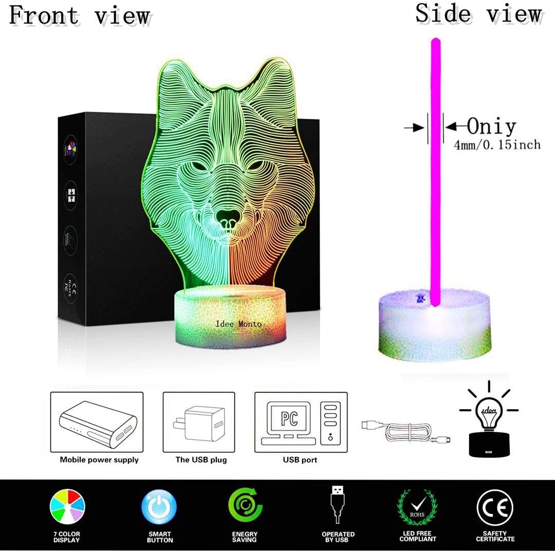 Wolf Night Light for Kids 3D Kids Night Lamp, Wolves Shape Toys for Boys, 7 LED Colors Wolf Changing Picture Lighting Effects Table Desk Bedroom Decor Cool Gifts Ideas Birthday Xmas (Wolf Head)
