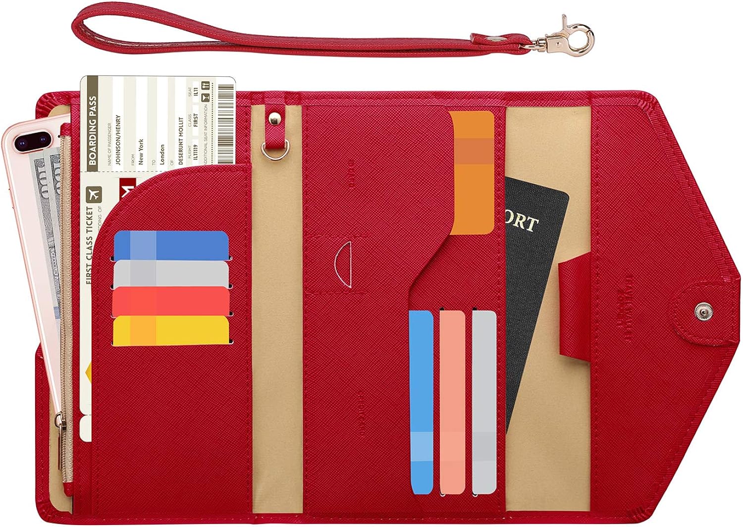 Zoppen - Billetera y porta pasaporte y documentos de viaje (Ver.5) para mujer con bloqueo Rfid y correa para la muñeca