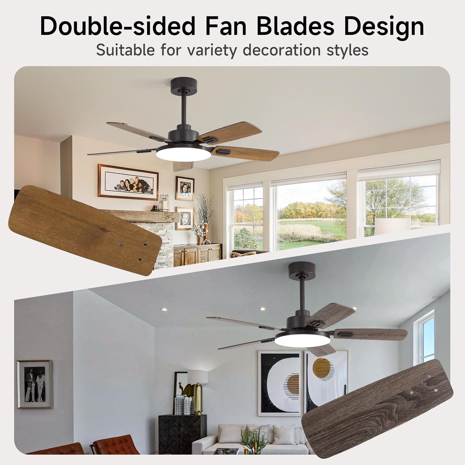 44 Inch Ceiling Fans with Lights and Remote for Bedroom Living Room Kitchen Office, Indoor/Outdoor Use, 5CCT Dimmable, Dual Color 5 Blades, 6 Speed Reversible Quiet DC Motor, Brown/Wood Grain