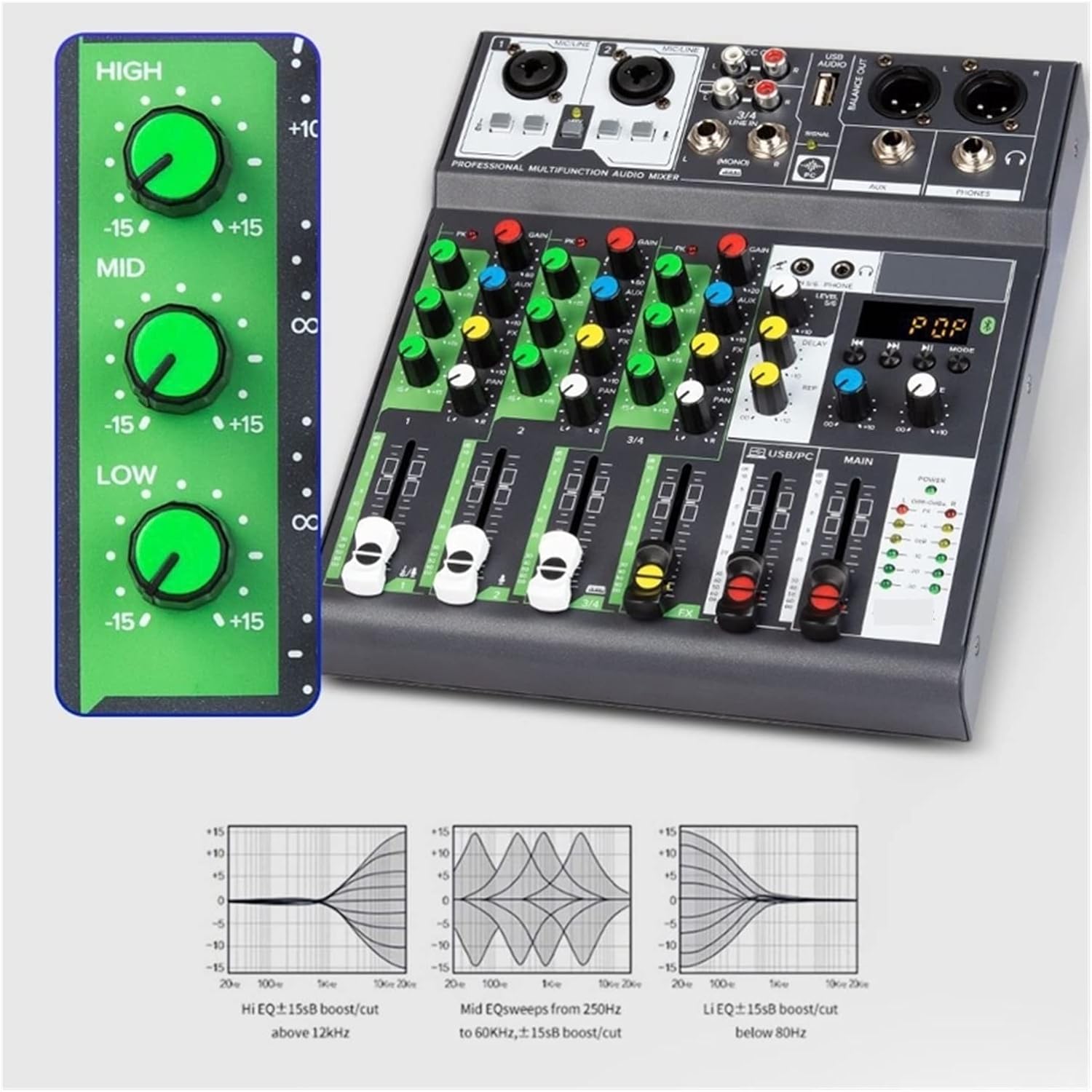 Audio Mixer, Sound Mixing Console USB Record Computer 48V Phantom Power Delay Repaeat Effect 4 Channels USB Mixer-THSDXC84179