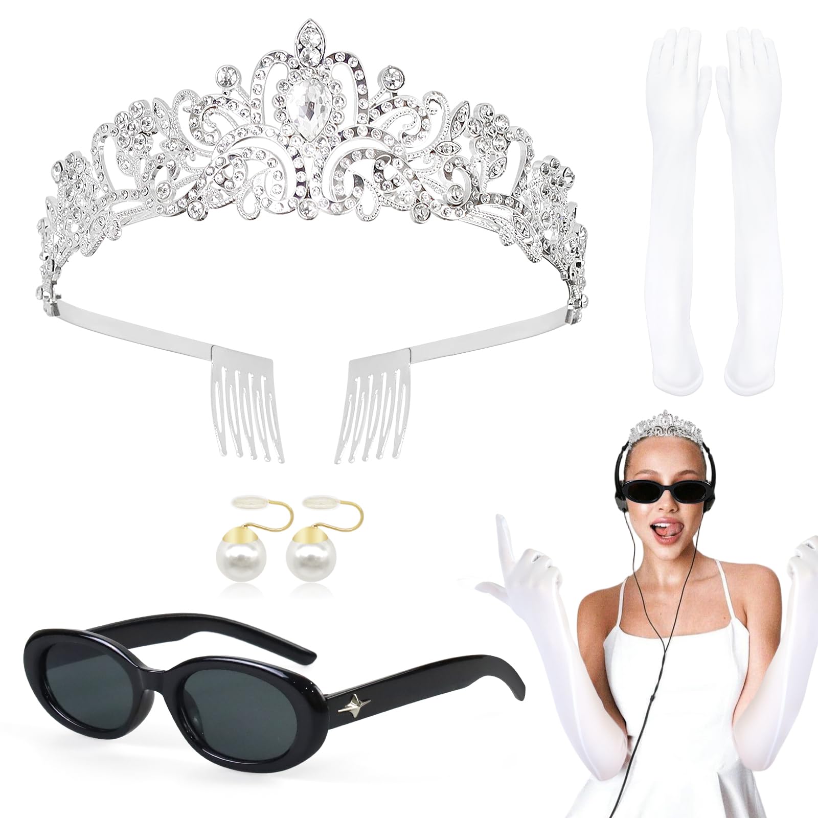 Oerphh 4pcs Princess Accessories, Crown Accessories Kit with Princess Tiaras Long Gloves Vintage Sunglasses