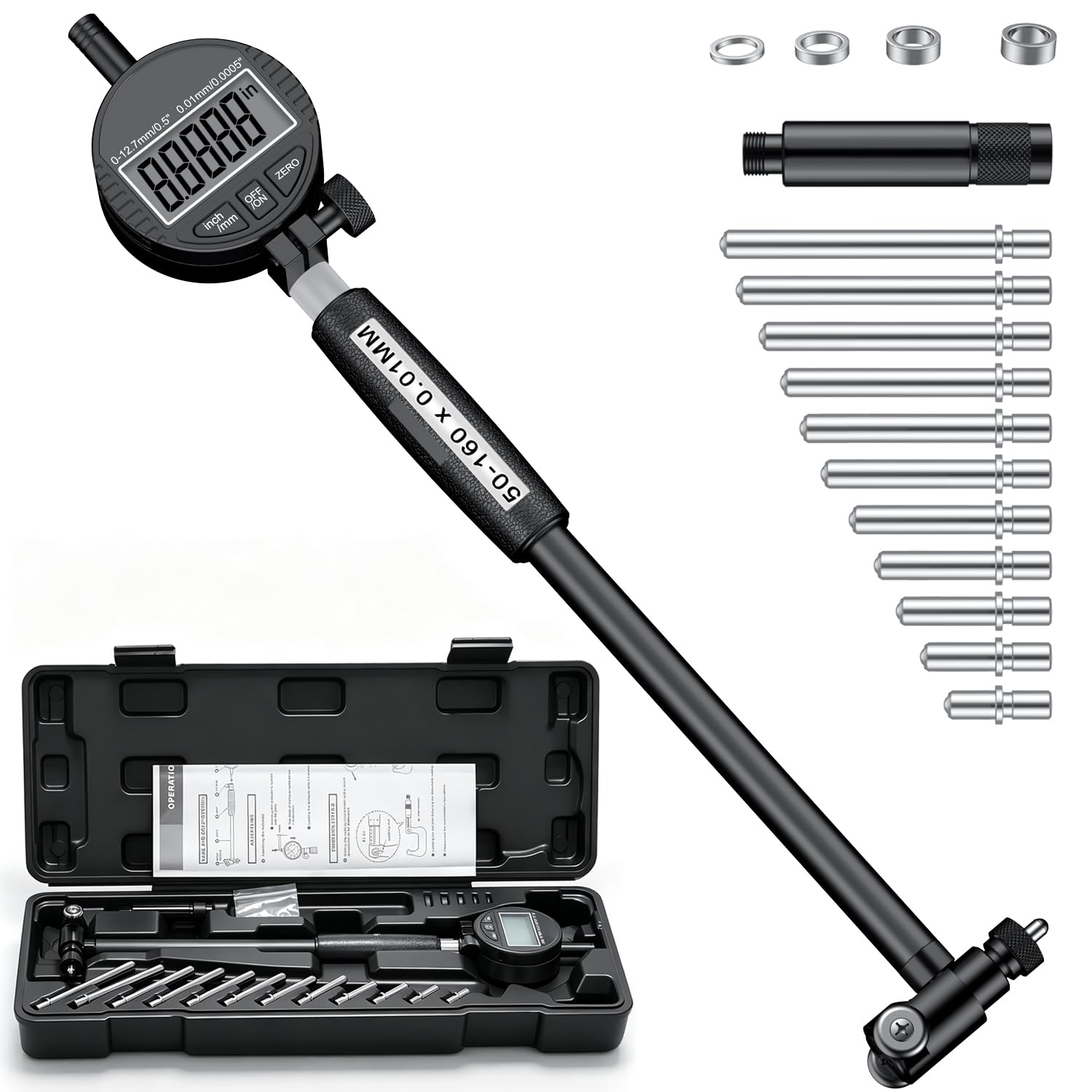 Digital Bohrungslehre Messuhr Set 50-160 mm, Bohrungsmessgerät Messuhr Präzision 0,01 mm, Innendurchmesser Metrisch/Zoll Anzeige mit 12 Messspitzen für Formabweichungen （Schwarz）