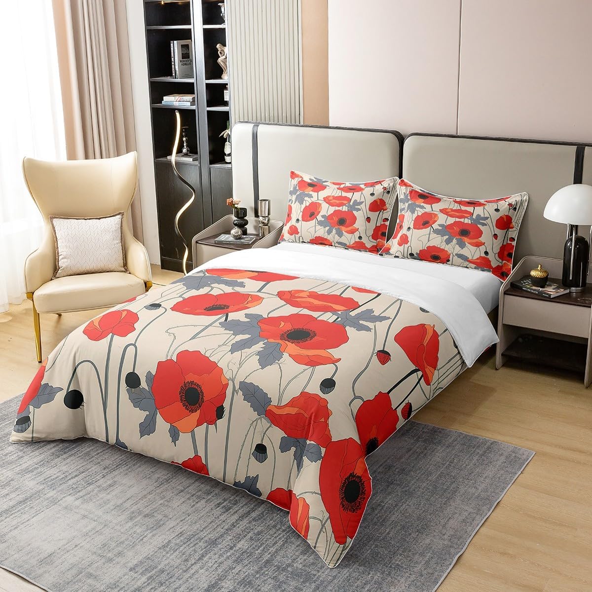 Feelyou Poppy Flower Bedding Set King Size Kids Garden Floral Bltanical Comforter Cover Set for Boys Girls Teens Red Poppy Leaves 100% Cotton Duvet Cover Red Bedspread Cover (No Comforter)