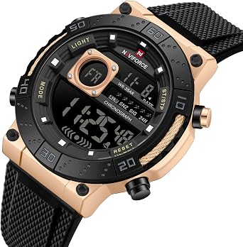 NAVIFORCE Fashion Men's Digital Watch Military Waterproof Sport Chronograph Wrist Watch for Men with Alarm LED Backlight, gold, Sports