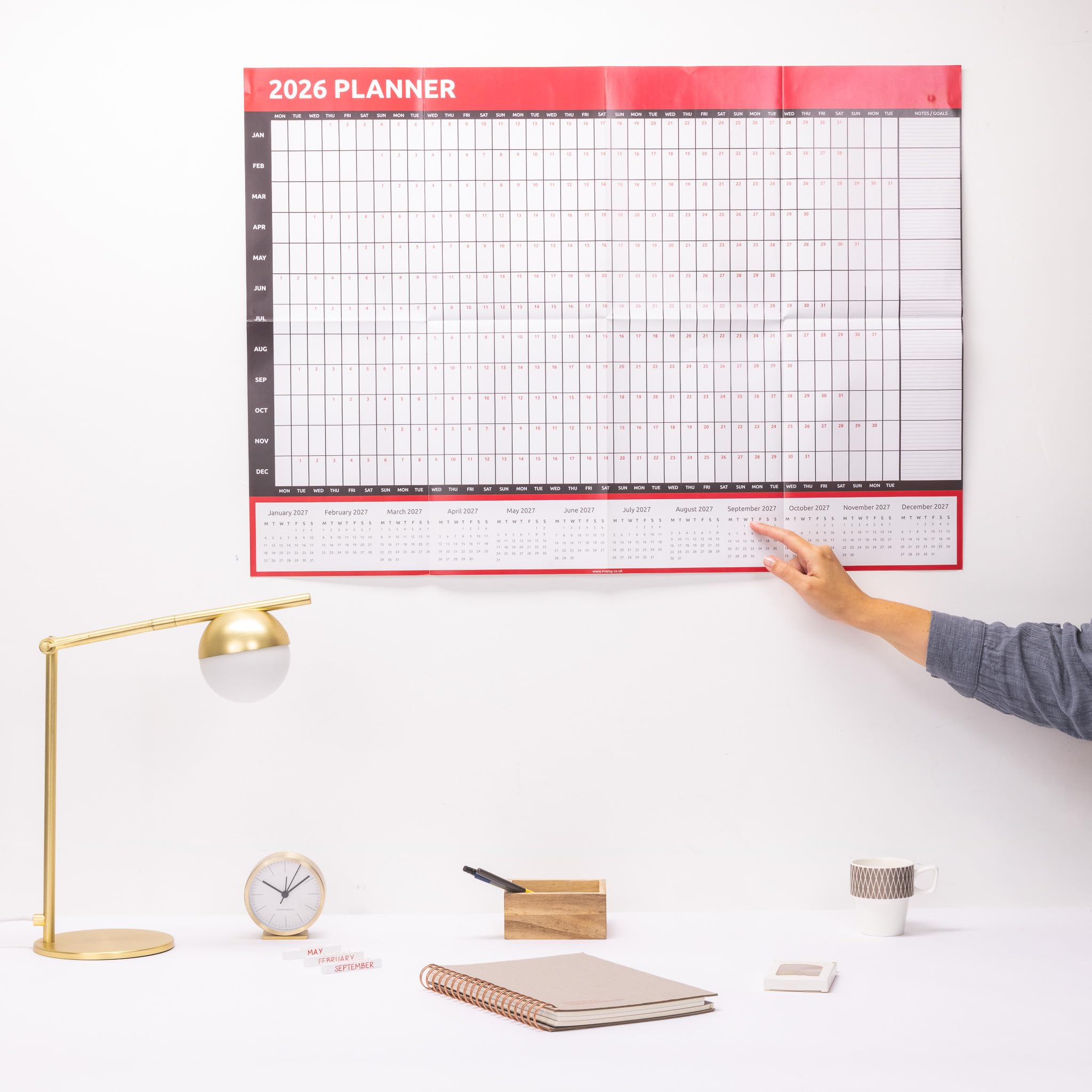 Calendario planificador de pared 2026, tamaño A1 (84 cm x 59 cm), calendario de vista anual para casa, oficina, trabajo, año completo (rojo)