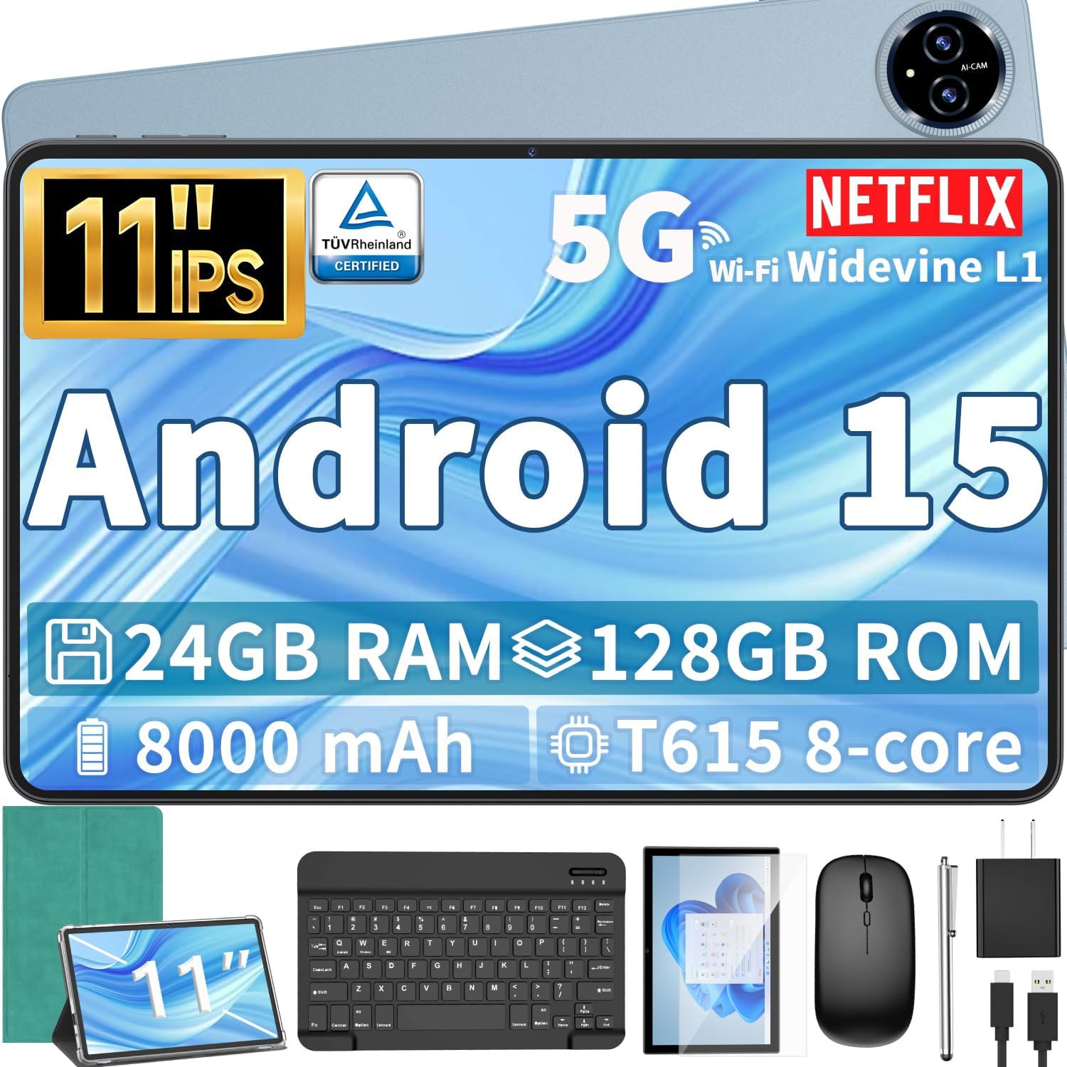 Android 15 Tablet, 11 inch Tablet with Keyboard, 24GB+128GB, 1TB Expand, Octa-Core, 2.4G/5G WiFi, 8000mAh, BT V5.0, GMS Certified, IPS Touch Screen, GPS, 2 in 1 with Case, Mouse, Stylus(Green)