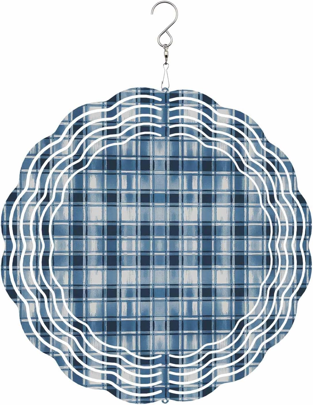 Blue Mottled Wind Spinner 3D Stainless Steel, 12 in Round Double Sided Circle Hanging Wind Spinners, Vintage Gradient Buffalo Plaid Garden Art Wind Sculpture for Yard Porch Front Door