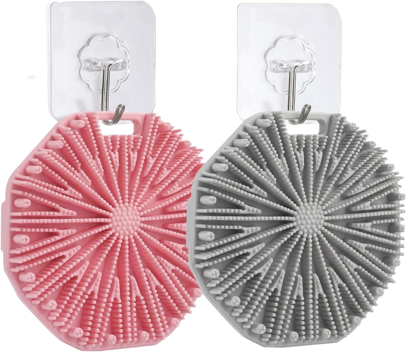 2Pcs Silicone Body Scrubber,Exfoliating Body Scrubbers for use in Shower,Silicone Body Brush for Showering and Anti-Slippery Handles for All Skin Types,Eco Friendly Shower Scrubber for Body（Pink+Grey）