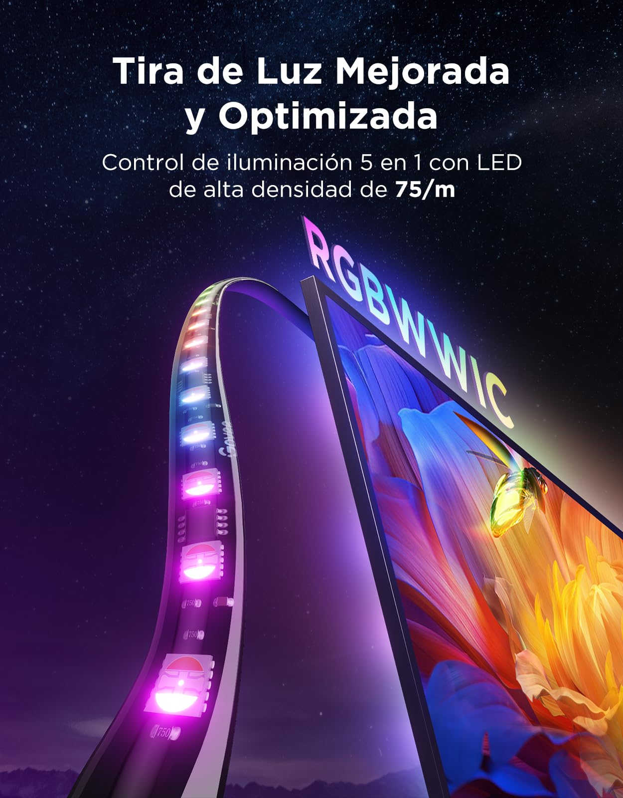 Govee TV Backlight 3 Pro Triple Cámara HDR, RGBWWIC Tira de Luces LED TV | 5 en 1 LED, 3,6M de 55-65 pulgadas, 75 LED/m, Compatible con filtro IA, APP Inteligente y Control por Voz, DreamView Sync