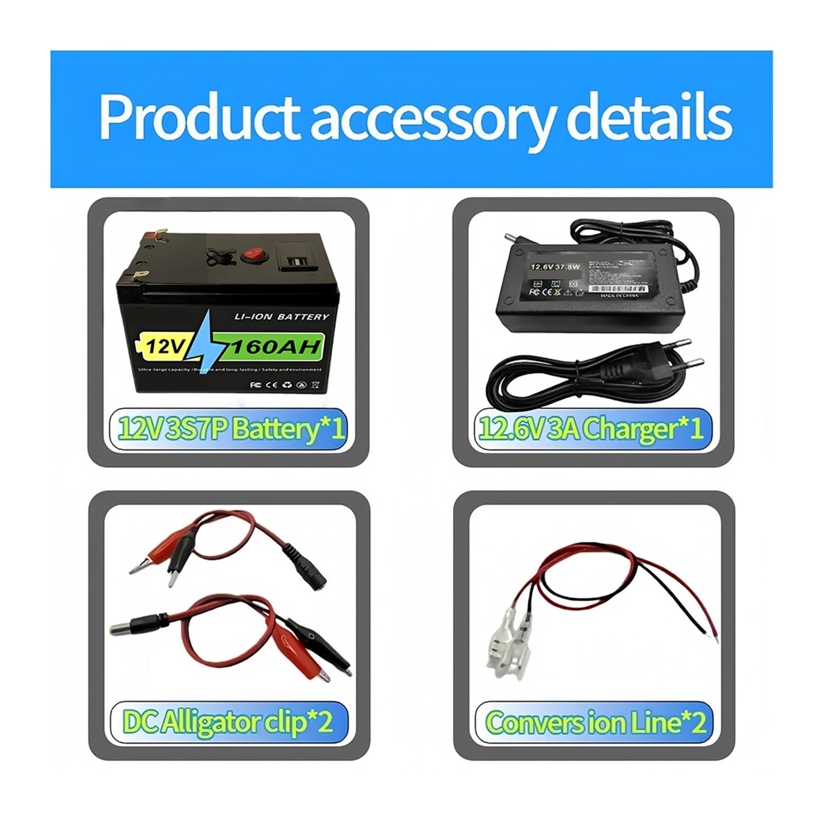 Pacco Batteria Ricaricabile 12V 60-160Ah Ciclo Profondo | For luci, campeggio e alimentazione di riserva domestica Batteria al litio + caricabatterie(100Ah Battery x1)