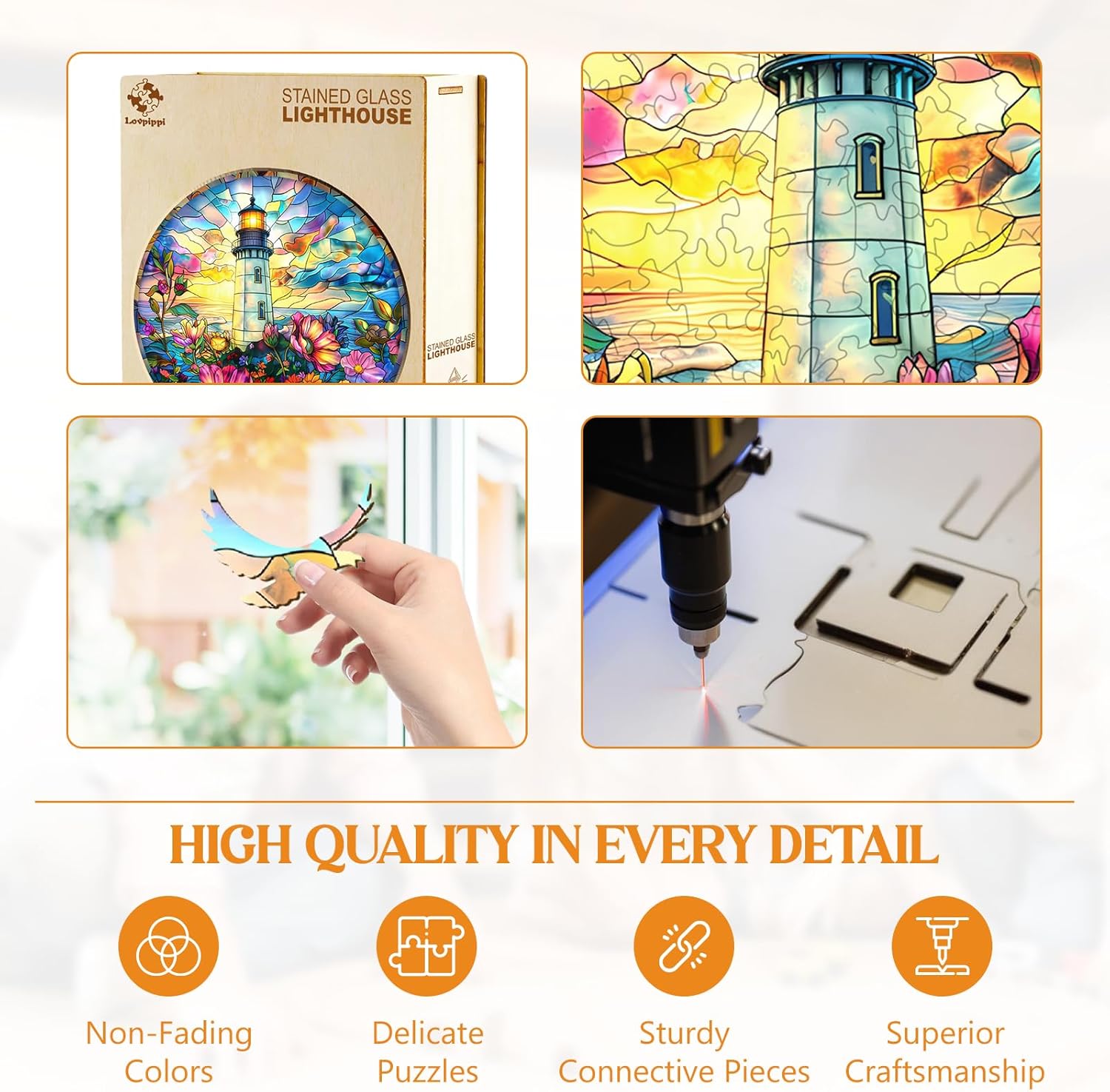 Wooden Puzzles for Adults, Stained Glass Lighthouse Wood Puzzles Adult, Unique Animal Shaped Wooden Jigsaw Puzzle, Creative Gifts for Friends/Family/Puzzle Lovers, Home Decor(M-11.4 * 11.2in 200pcs)
