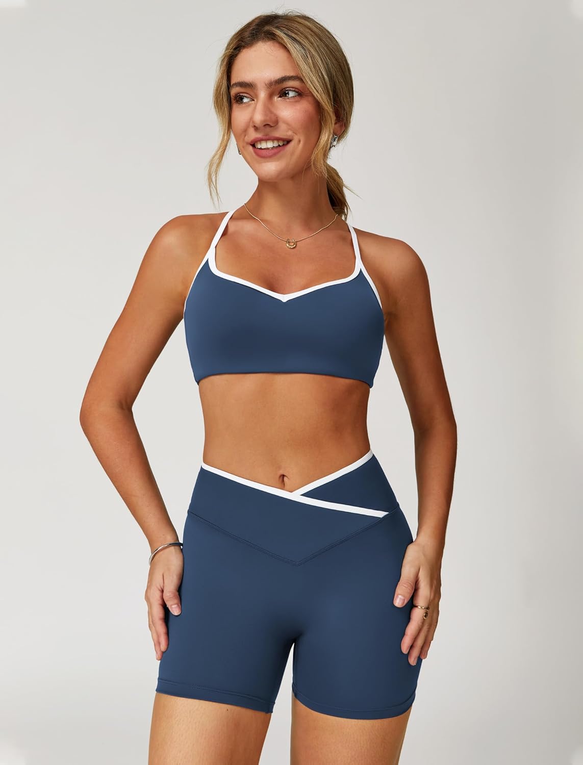 Women 2 Piece Workout Set Cami Straps Padded Colorblock X Back Sports Bra V High Waist Tummy Control Shorts Gym Outfit - Image 2