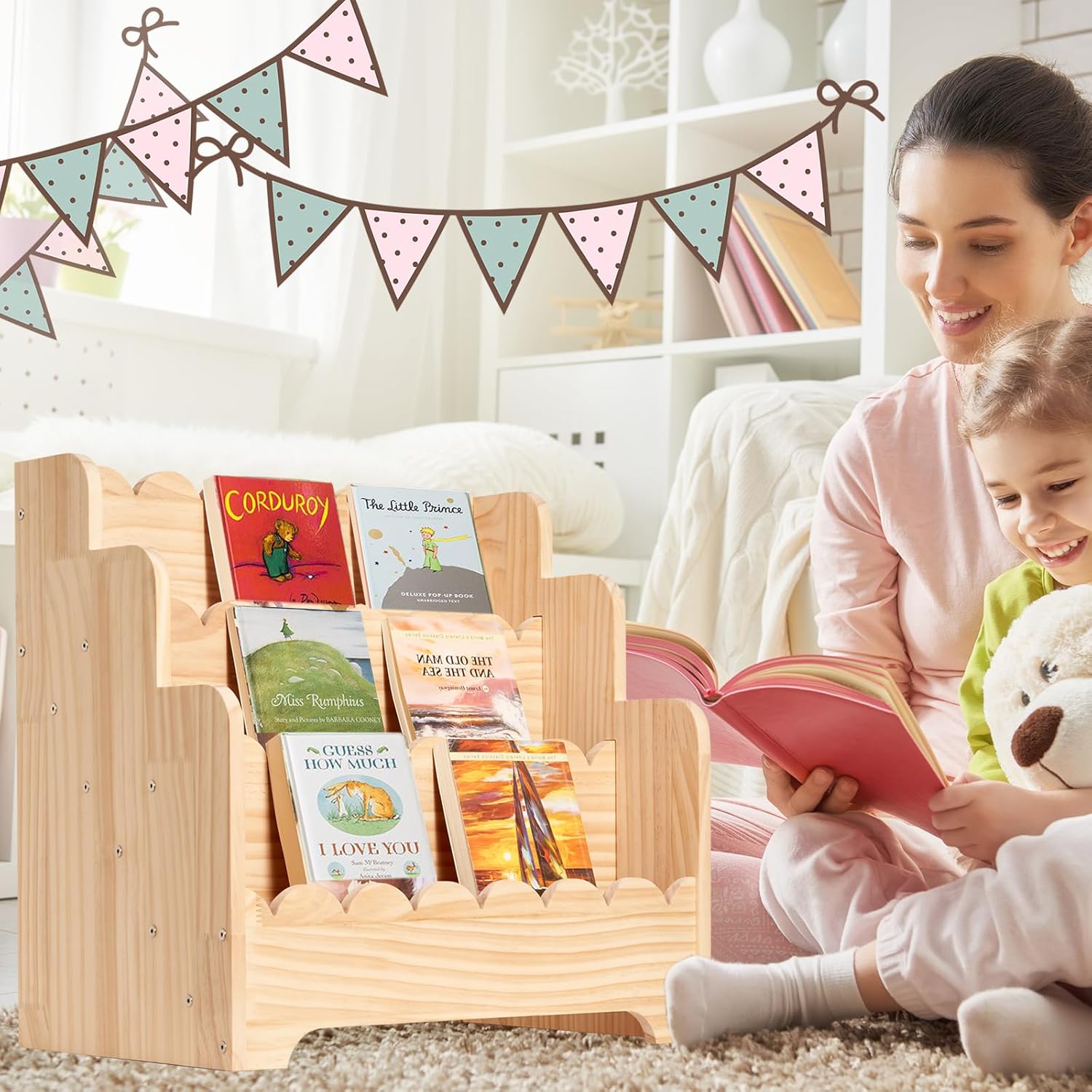 Kids Bookshelf Storage 3-Tier, Book Case for Kids Rooms, Scalloped Wooden Montessori Bookcase for Toddlers & Baby, Small Nursery & Classroom Book Shelves, Solid Wood Organizer - Image 2