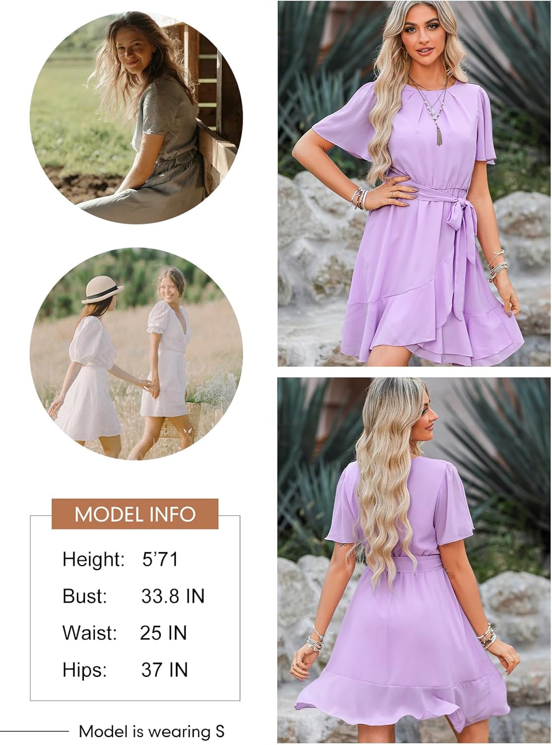 Dokotoo Womens Summer Dresses 2025 Crewneck Short Sleeve Waist Tie Ruffle Casual Chiffon A-Line Swing Mini Dress - Image 4