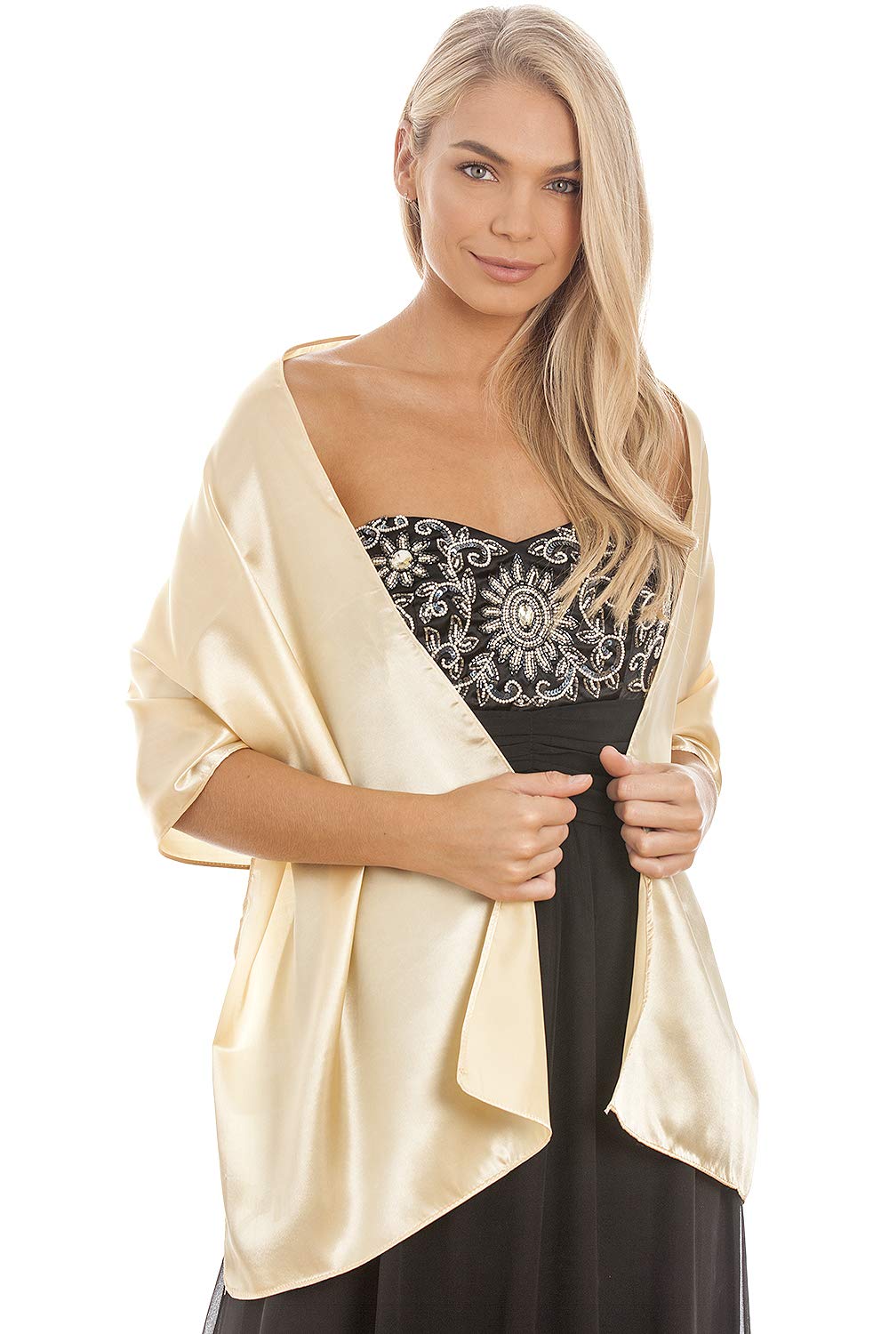 Central Chic Champagne Gold Satin Wedding Wrap Stole Shawl Pashmina Scarf Bridal Bridesmaids Parties (Champagne, S-M)