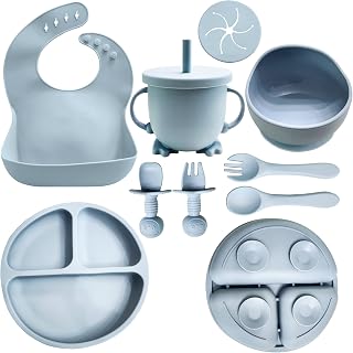 HippoBaby Silicone Baby Feeding Set | 10 Piece Baby Led Weaning Supplies | Toddler Plates Bowls Set with suction | Self Feeding Spoons | Plates for Baby Utensils | Toddler Feeding Supplies
