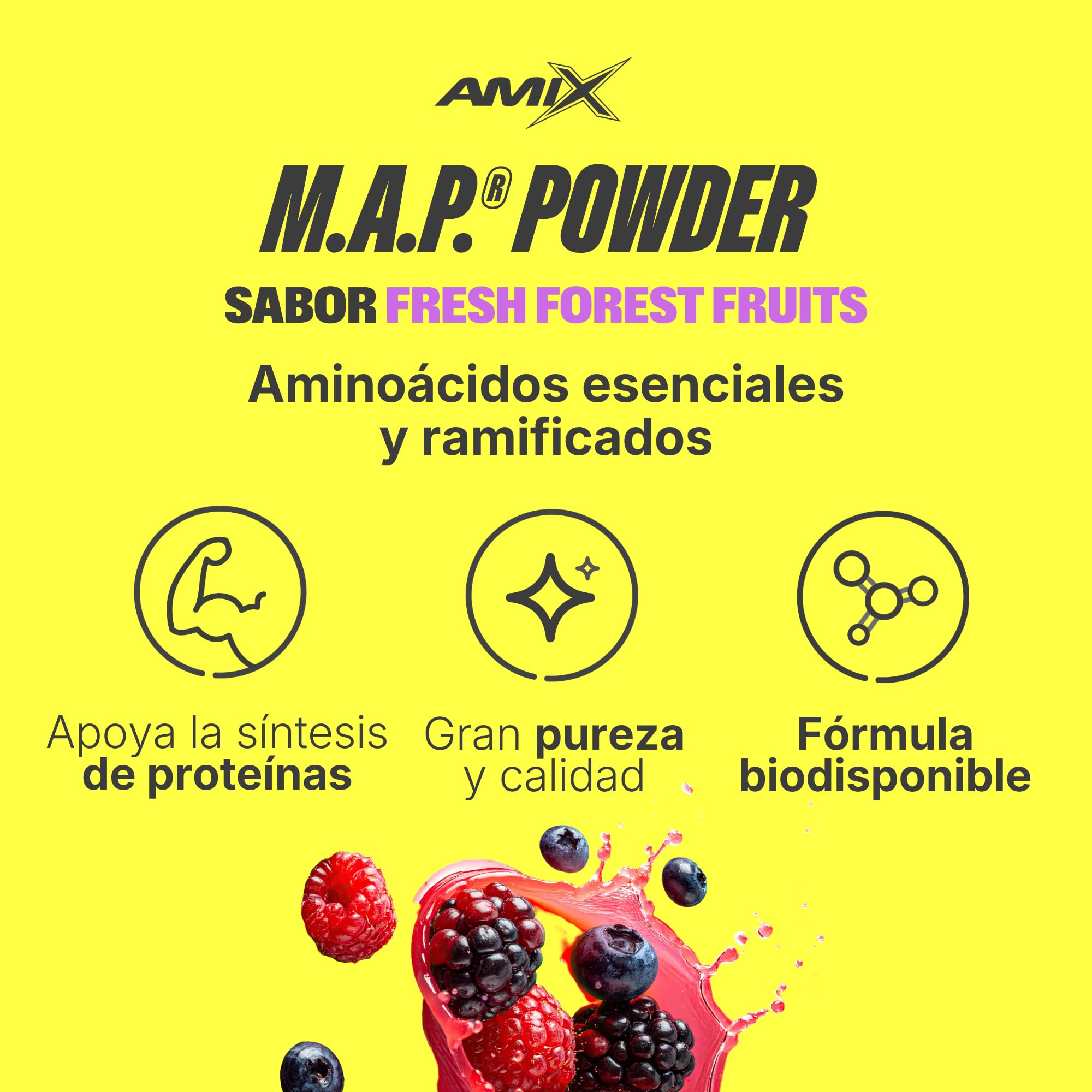 AMIX - Aminoácido en Polvo Muscle Amino Power - Suplemento Alimenticio que Aumenta la Fuerza y la Resistencia Muscular - Sabor Frutas del Bosque - 344 g