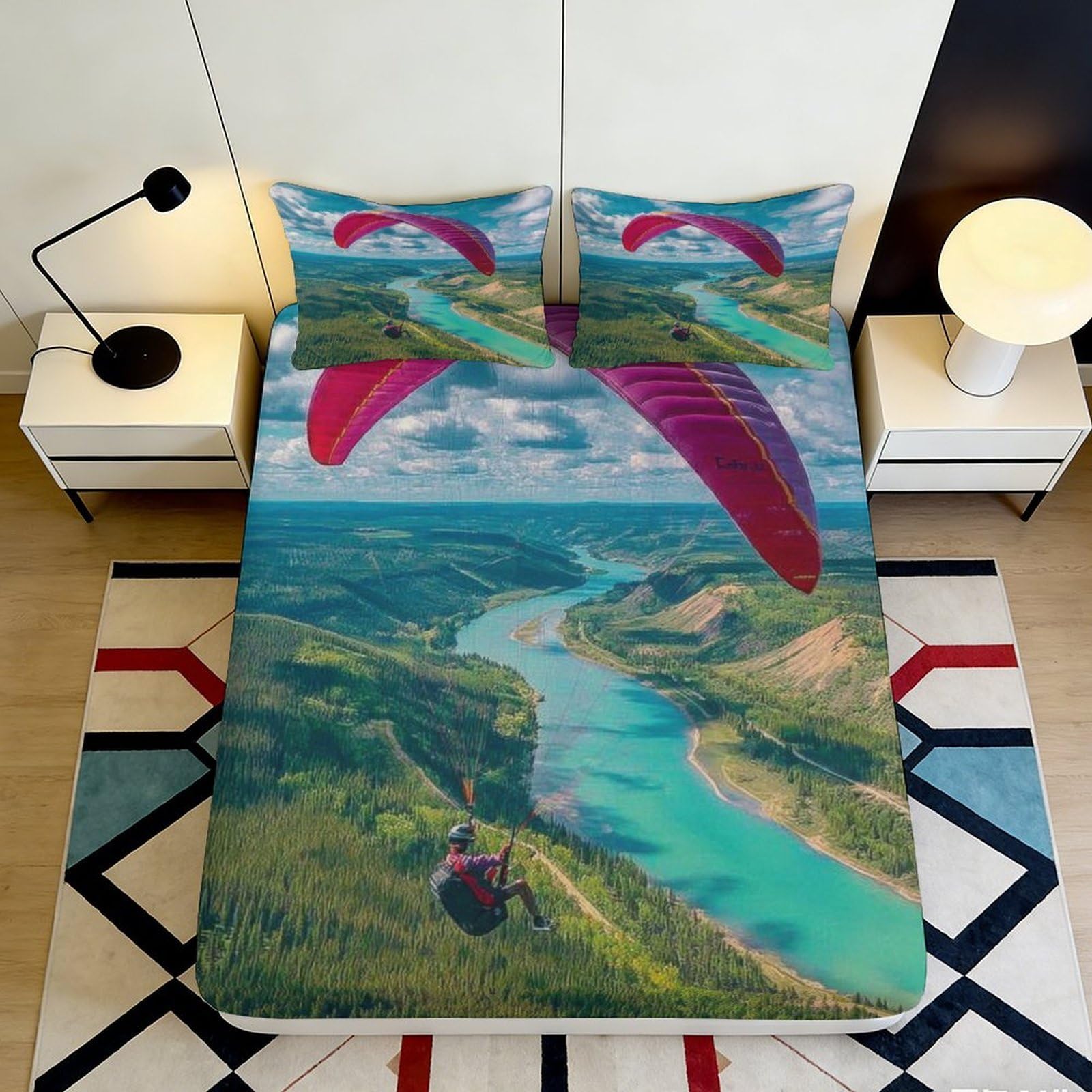 Pnayamiorkfel Style-6 3D Printed Paragliding River Fitted Sheet Microfiber Scenic Valley Bed Cover Slip-Resistant Easy Care Bedroom Decor 90X200x25cm