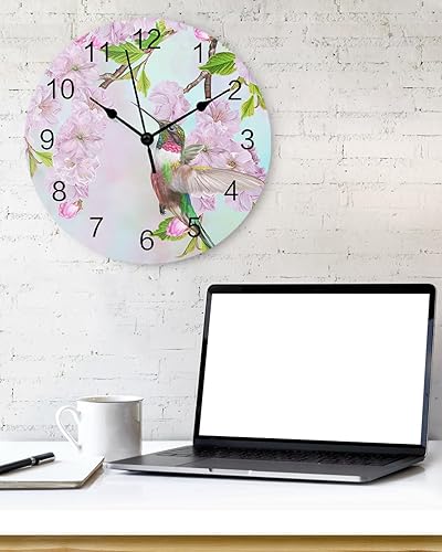 Miniatura 2 de Hummingbird - Reloj de pared de PVC con flores rosadas, silencioso, sin tictac, funciona con pilas, reloj redondo para el hogar, sala de estar,