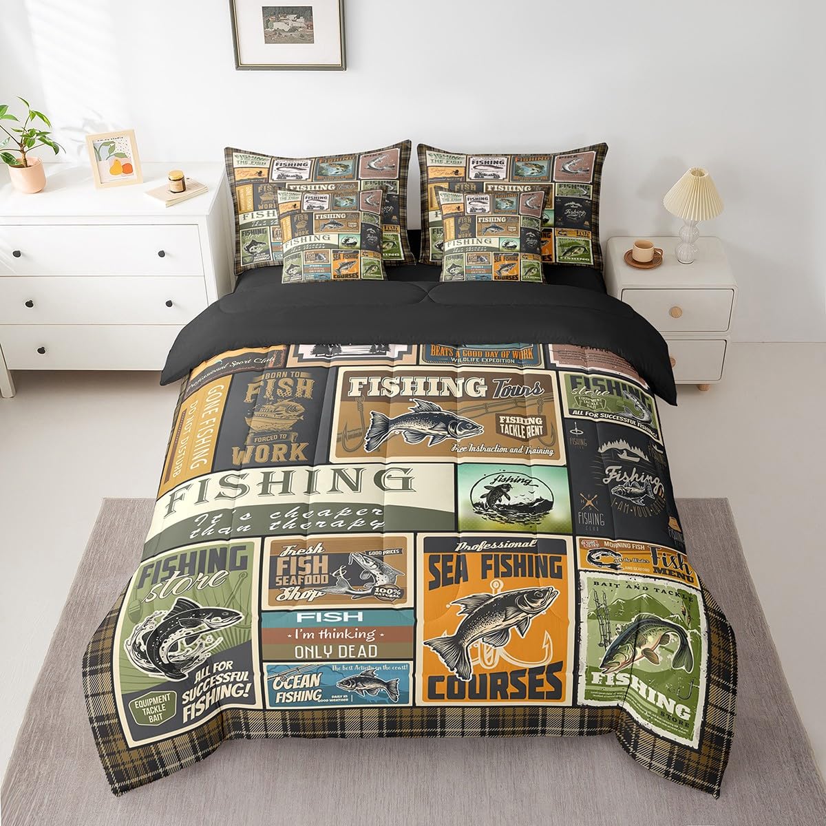 Feelyou Fish Comforter Set with Sheets Full Size 7 Piece Vintage Fish Stamp Pattern Bedding Set for Boys Girls Children Fishing and Hunting Bed in a Bag Brown Green Bed Set Room Decor