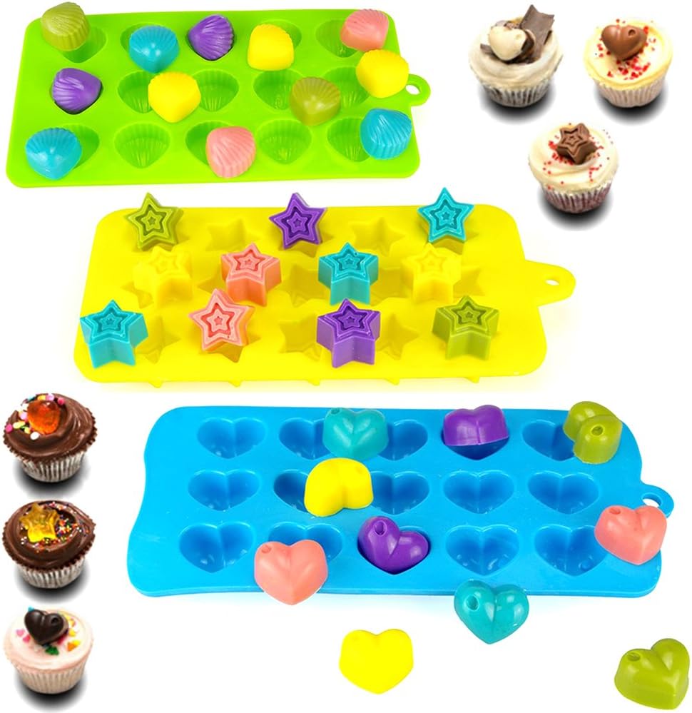 Silicone Chocolate Candy Molds, AIFUDA 4 Packs Non-stick Baking Molds Ice Cube Trays for Making Cake Muffin Cupcake Gumdrop Jelly - Heart, Star & Shell